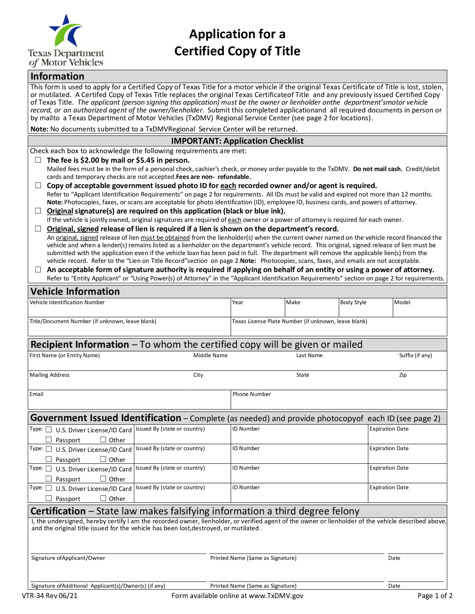 Fillable Application for Certified Copy of Title - Form VTR-34 - Thumbnail