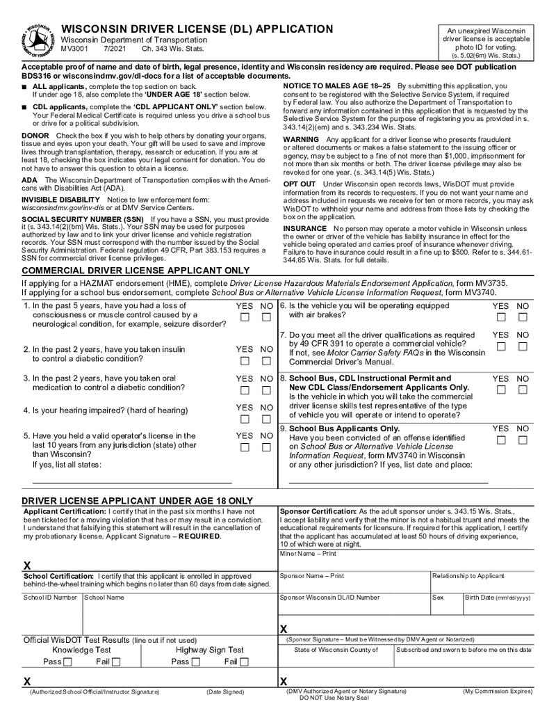 Form MV3001 - Wisconsin Driver License Application