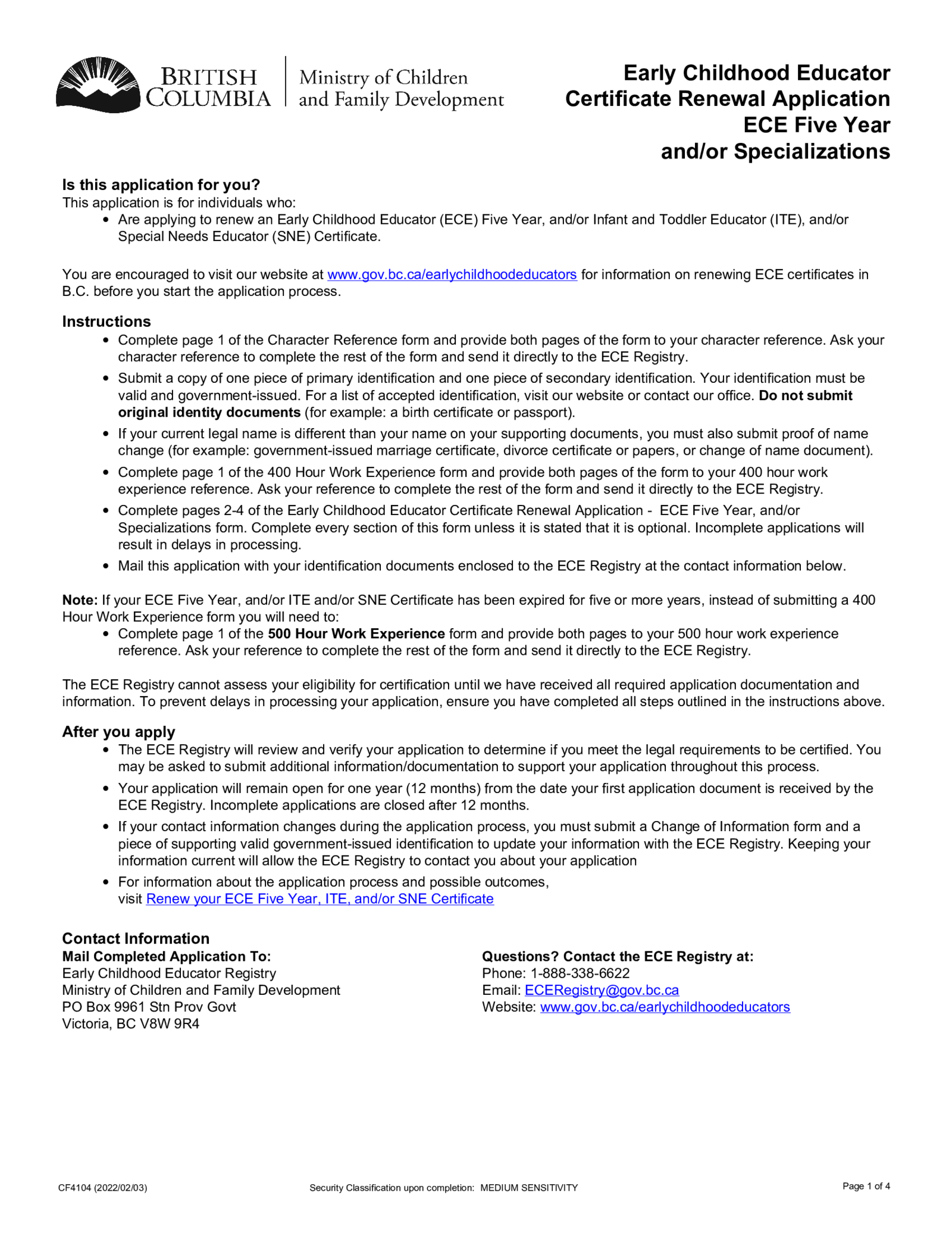 Early Childhood Educator Certificate Renewal Application - Thumbnail