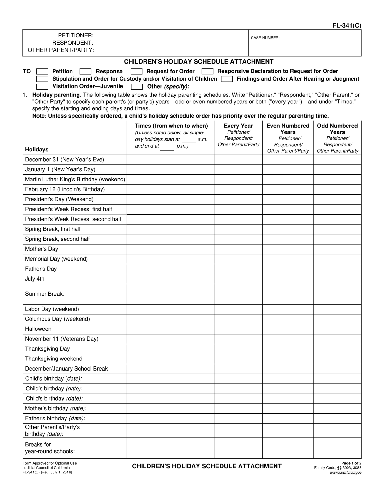 Fillable FL-341(C) Children s Holiday Schedule Attachment - Thumbnail