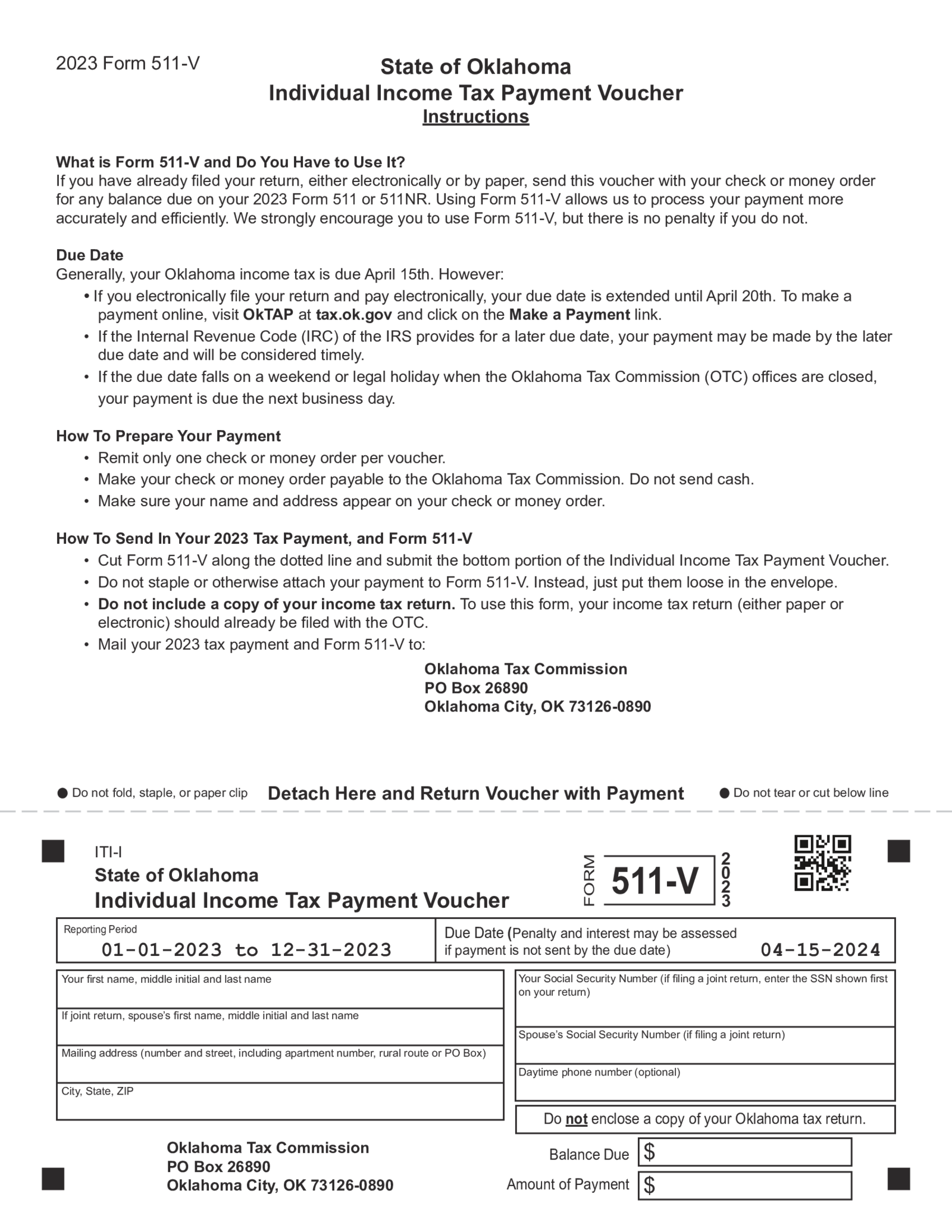 Oklahoma Form 511-V Individual Income Tax Payment Voucher - Thumbnail