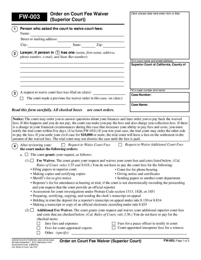 FW-003 Order on Court Fee Waiver (Superior Court)