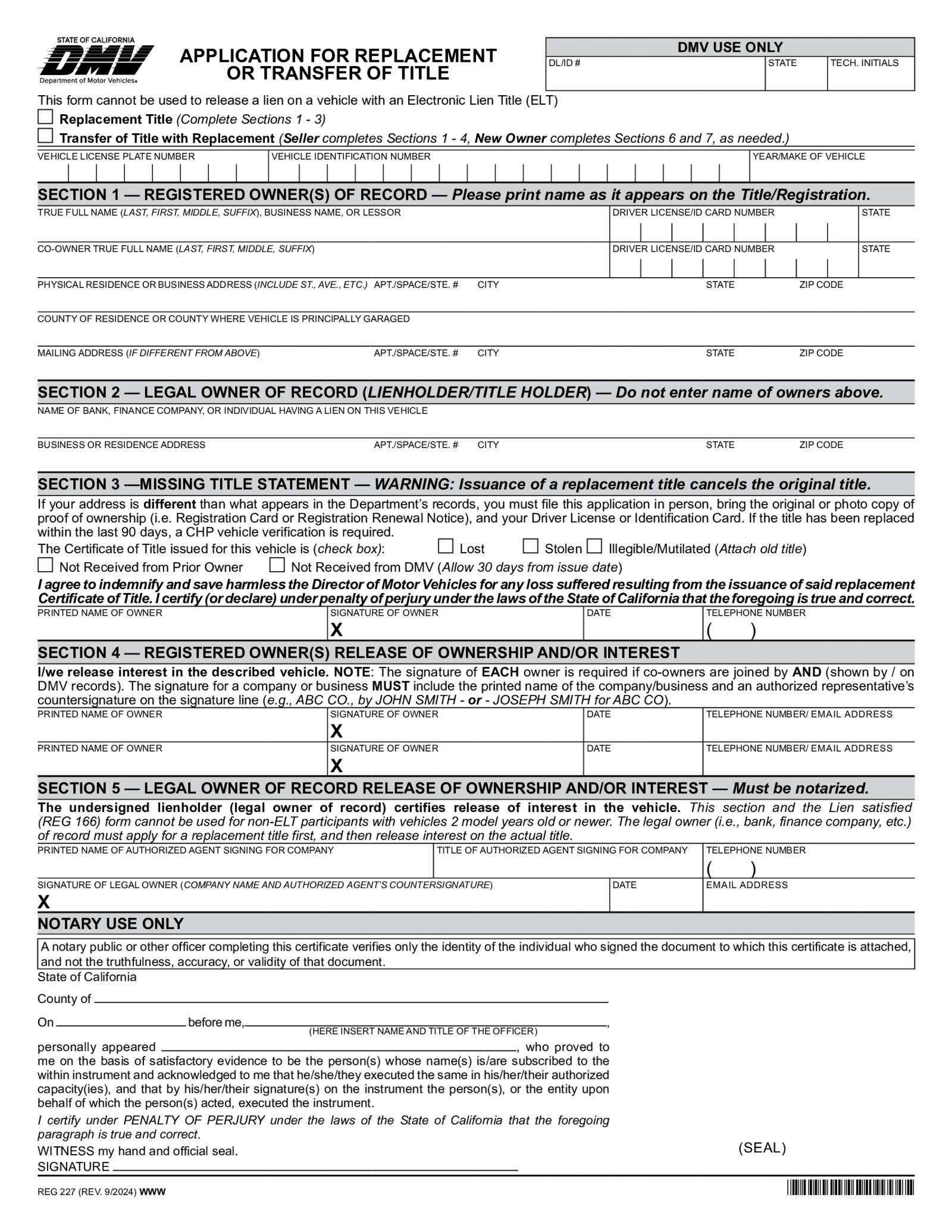 REG 227, Application for Duplicate or Paperless Title - Thumbnail