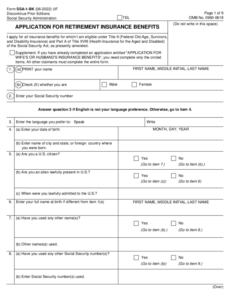 SSA-1-BK - Application for Retirement Insurance Benefits