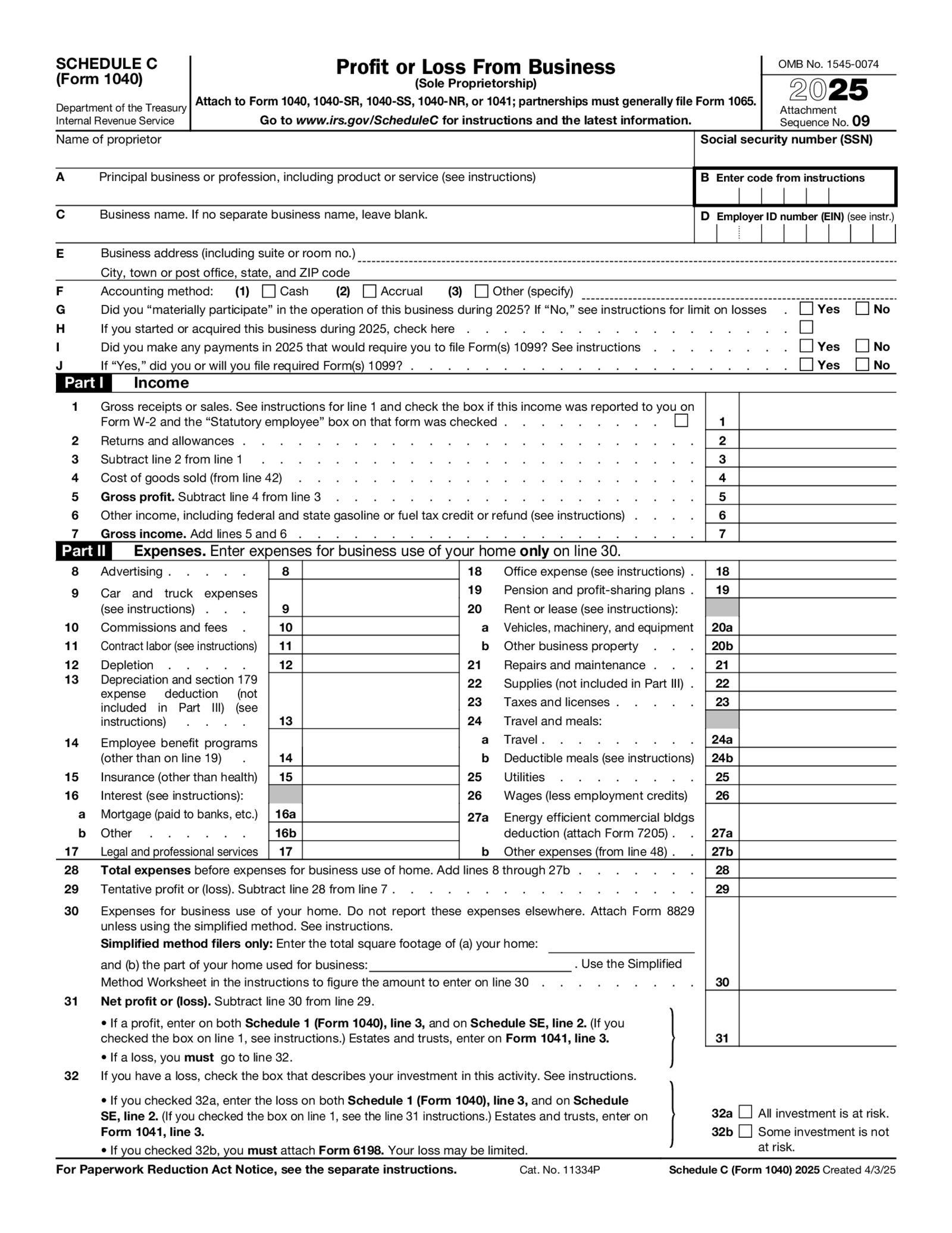 Schedule C (Form 1040) 2025 - Thumbnail
