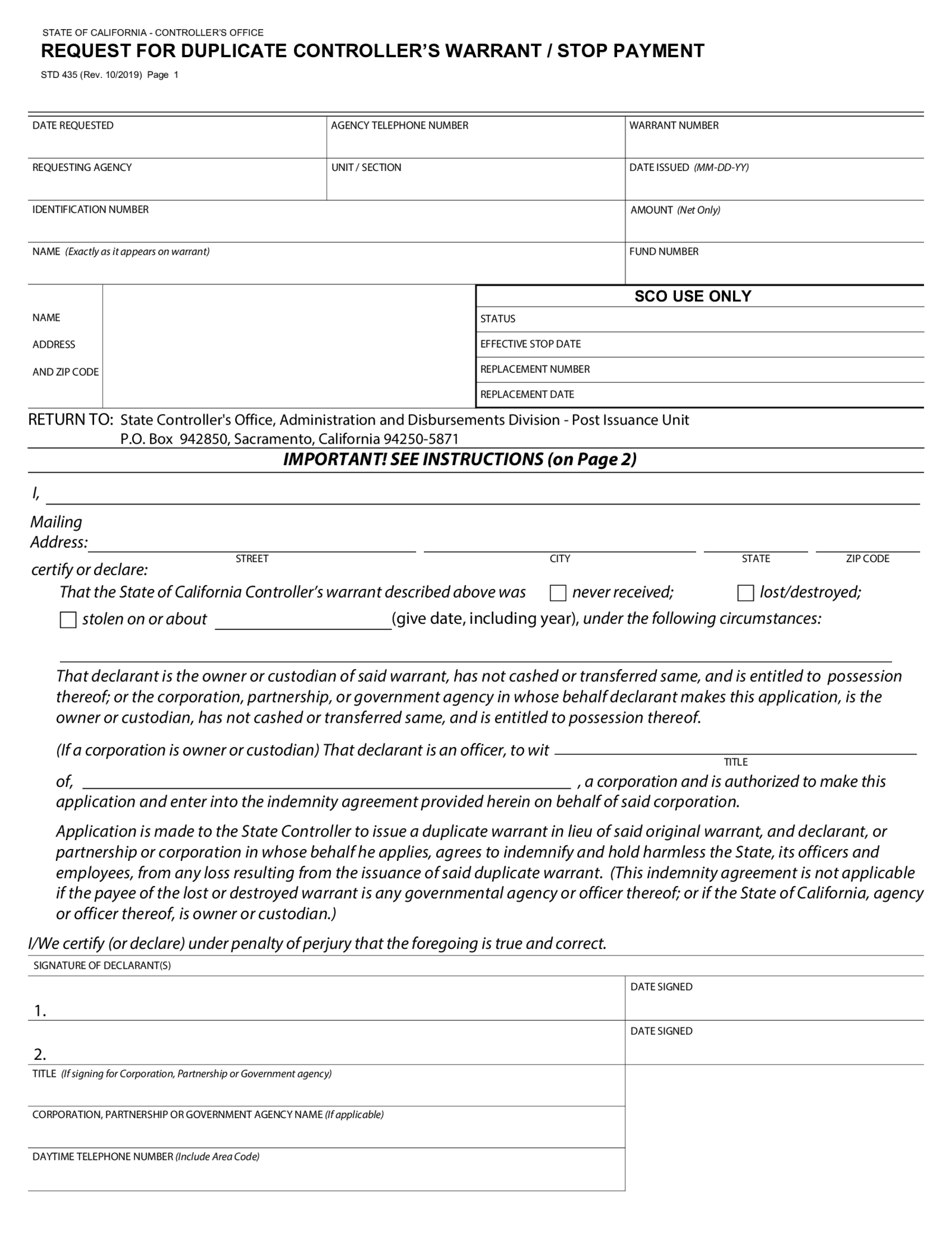 STD 435 Request For Duplicate Controller s Warrant - Thumbnail