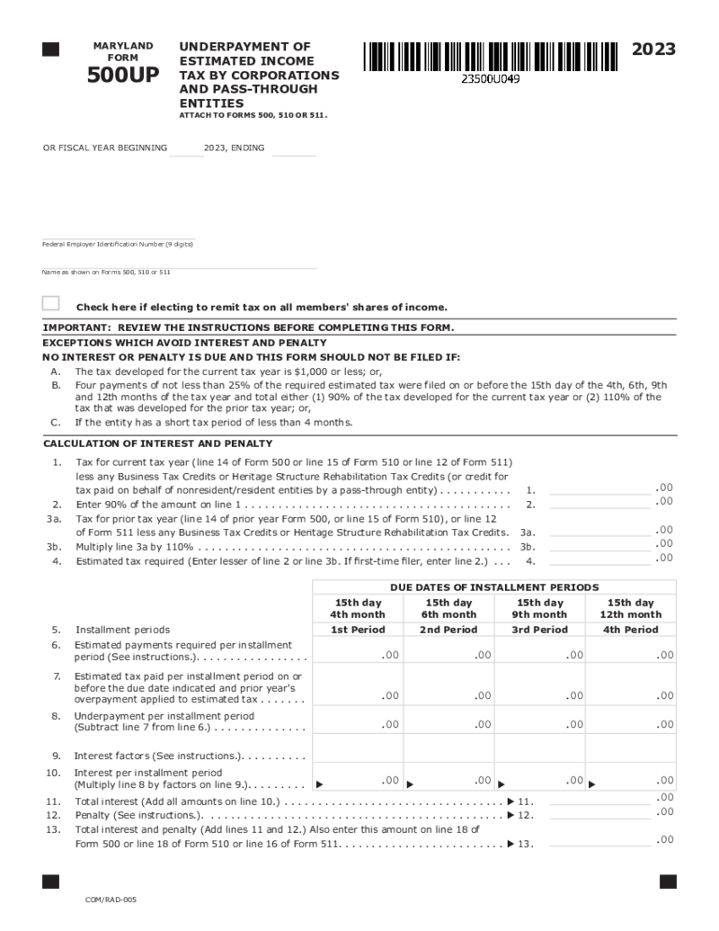 Form 500UP Underpayment of Estimated Income Tax by Corporations