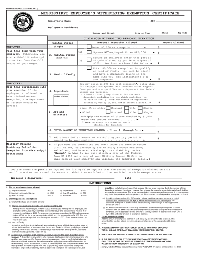 Mississippi Withholding Exemption Certificate