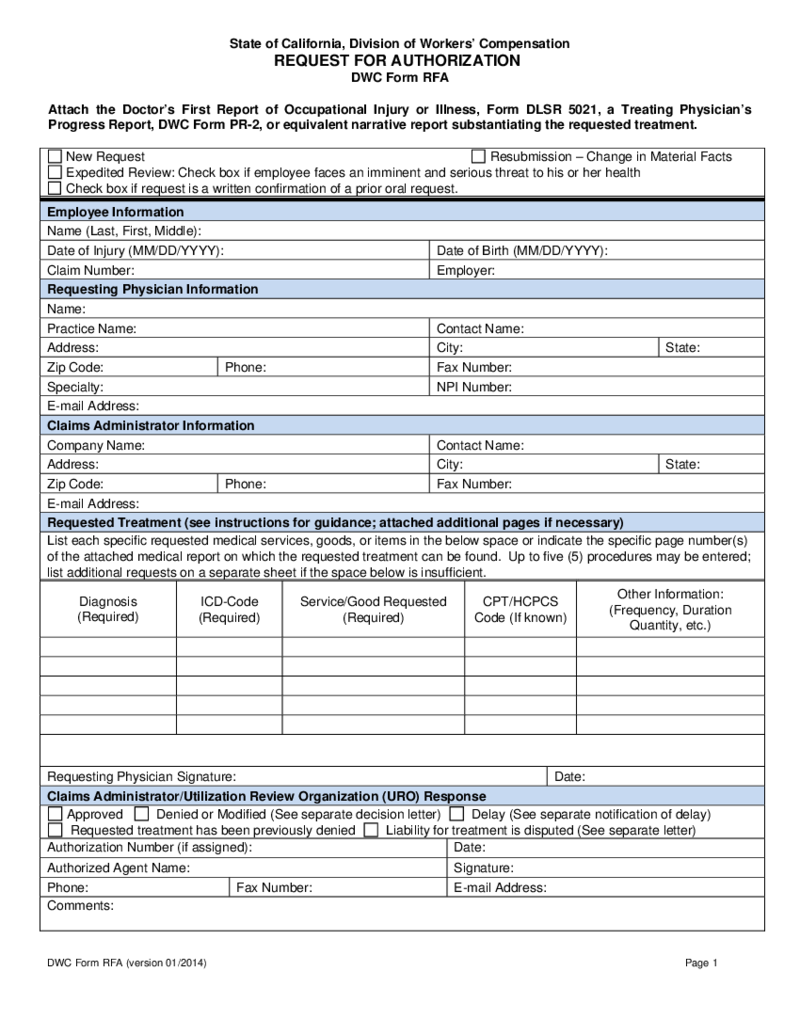 DWC Form RFA, Request for Authorization