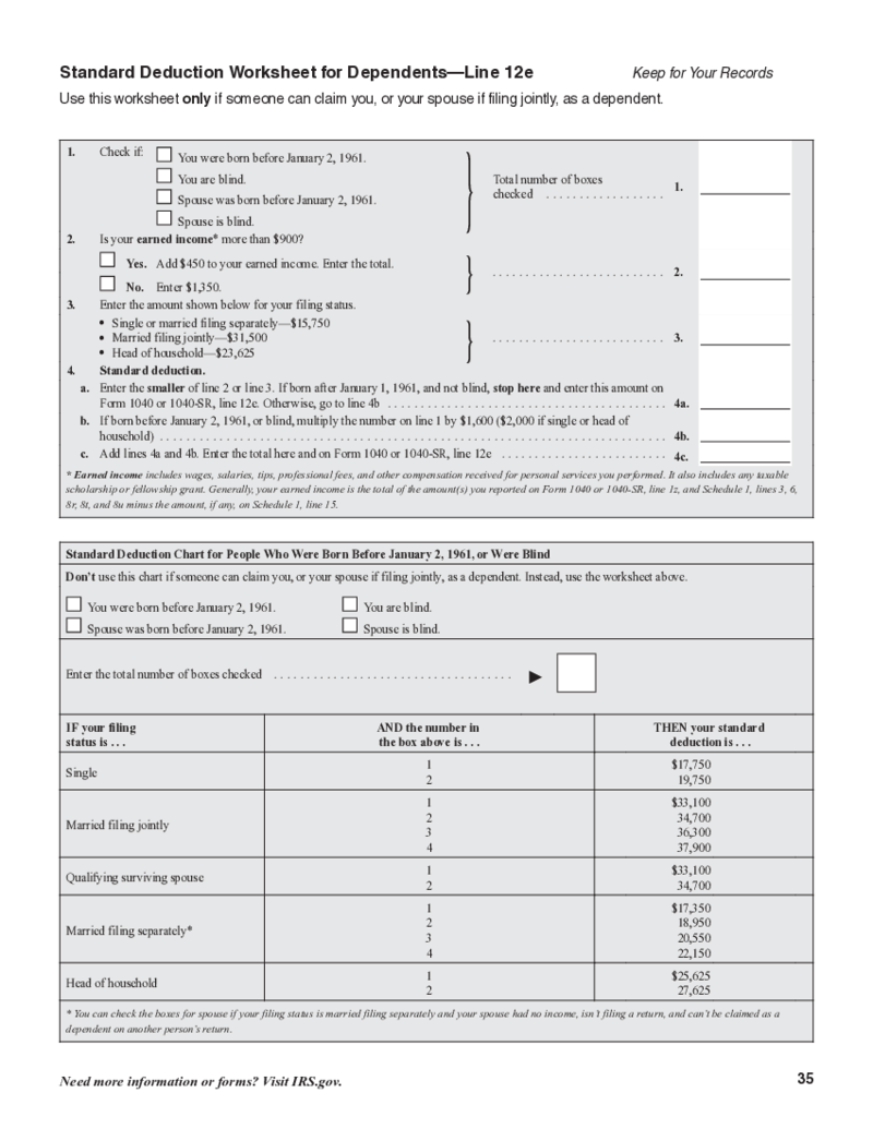 Standard Deduction Worksheet for Dependents