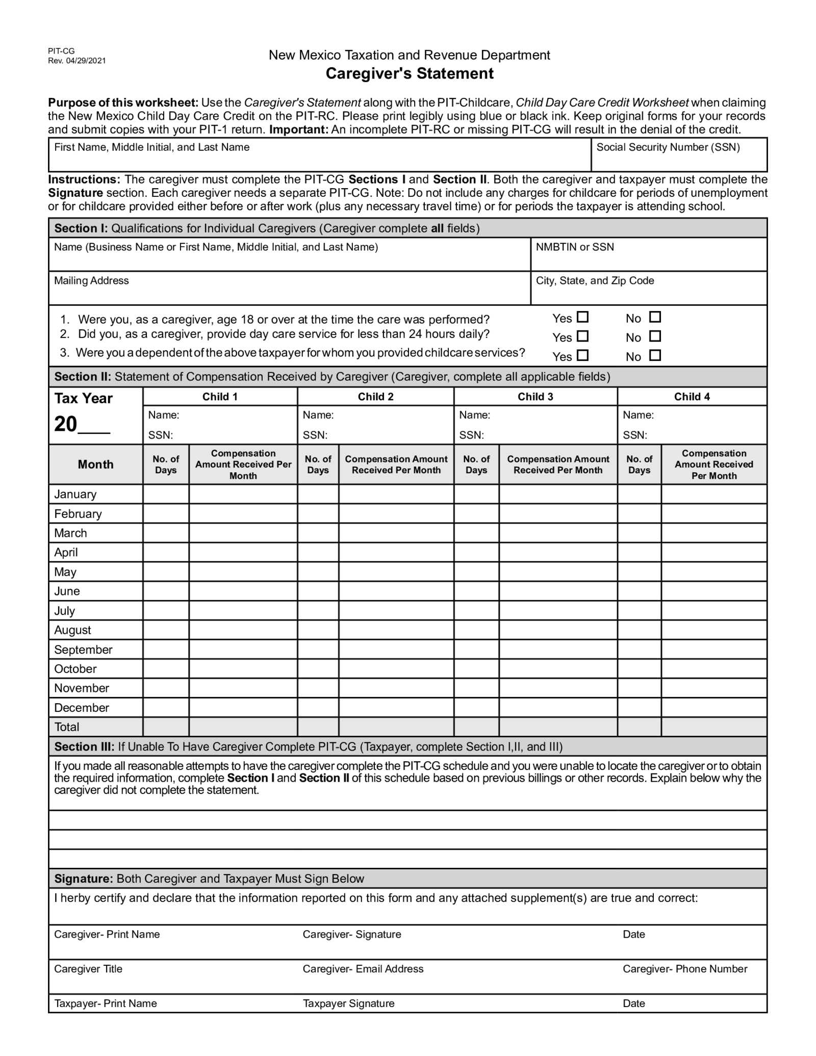 Form PIT-CG - New Mexico Caregiver Statement - Thumbnail