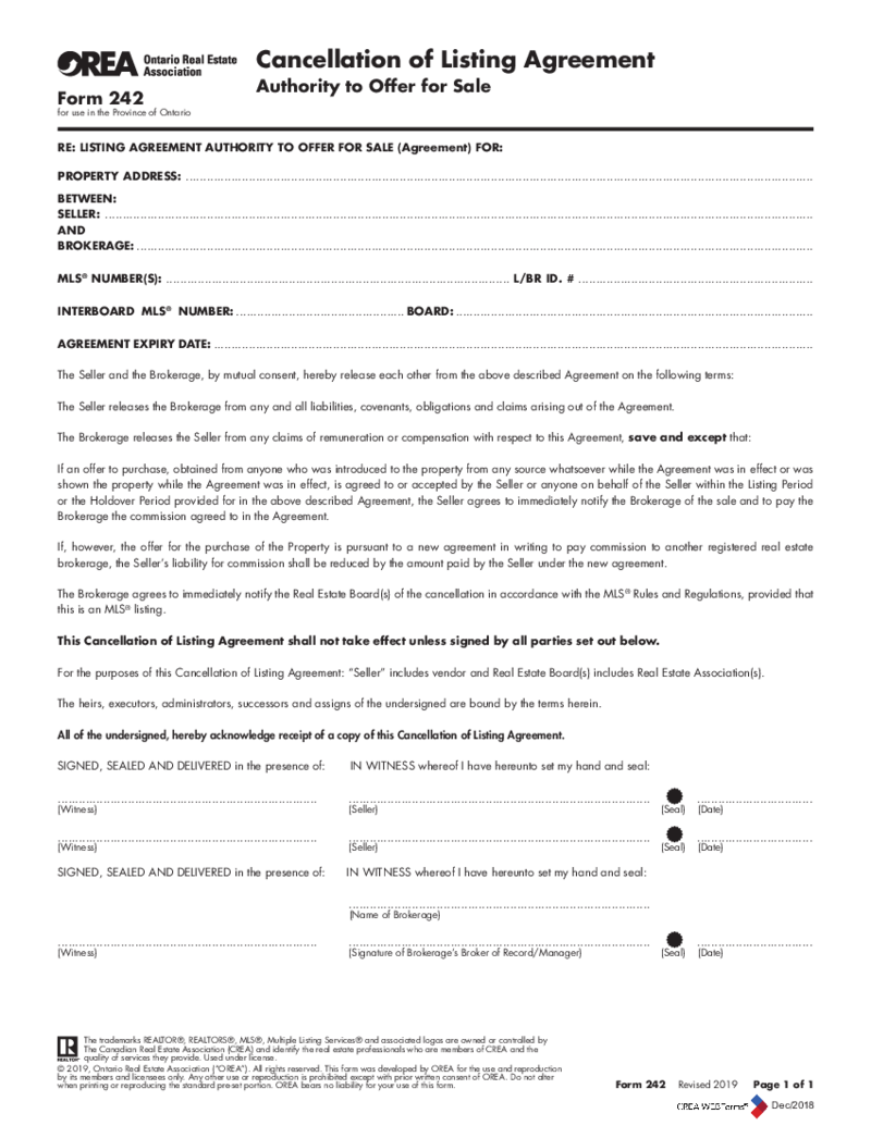 OREA Form 242, Cancellation of Listing Agreement