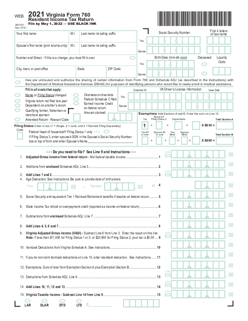 Virginia Income Tax Return Form 760 (2021)