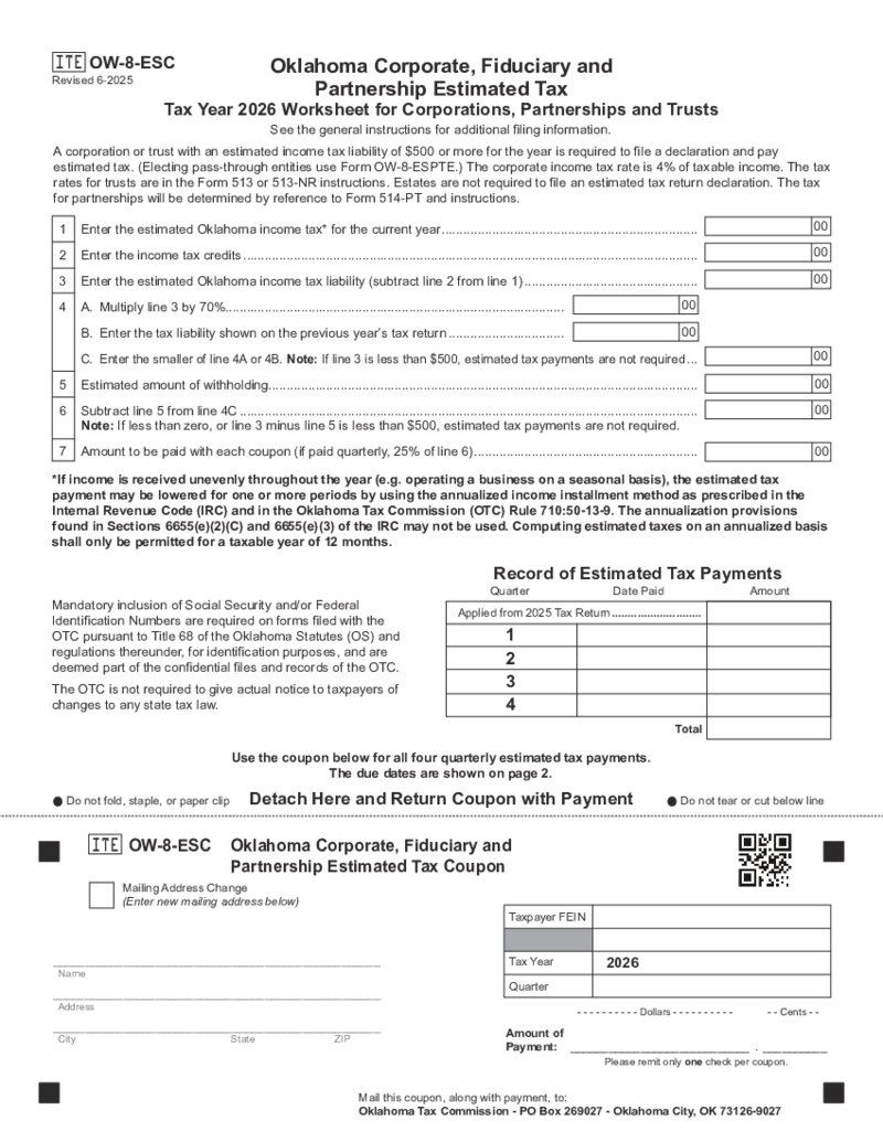 Form OW-8-ESC Oklahoma Corporate
