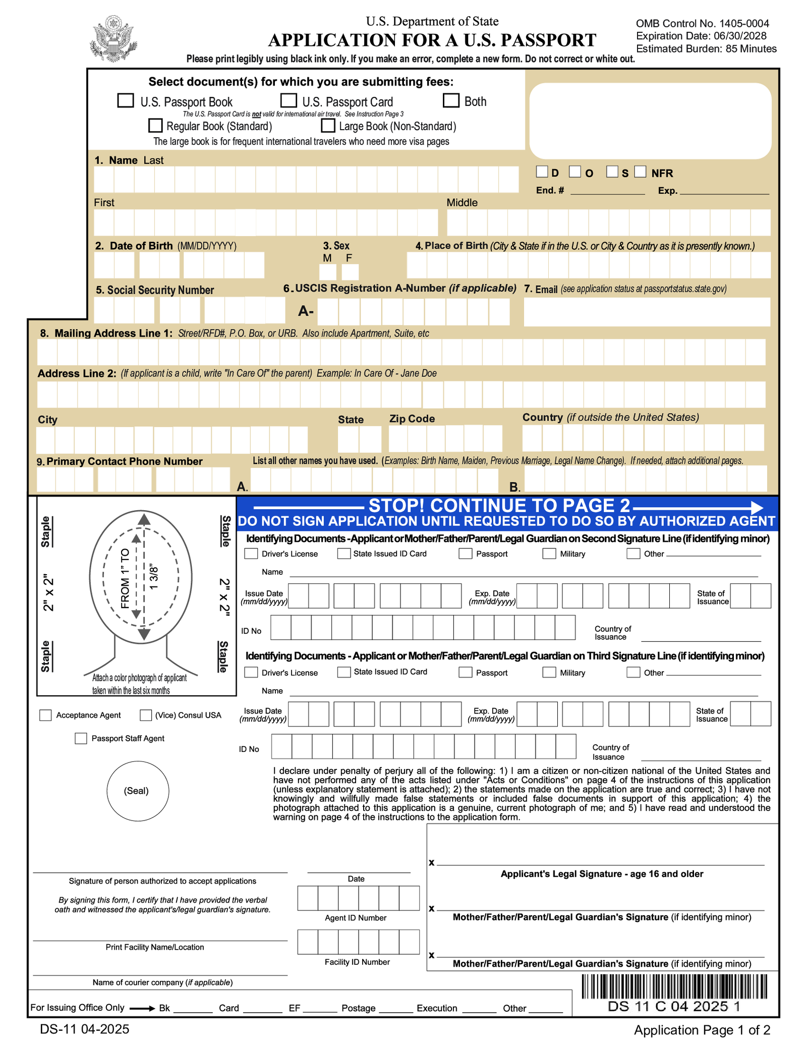 DS-11 Application Form for a U.S. Passport - Thumbnail