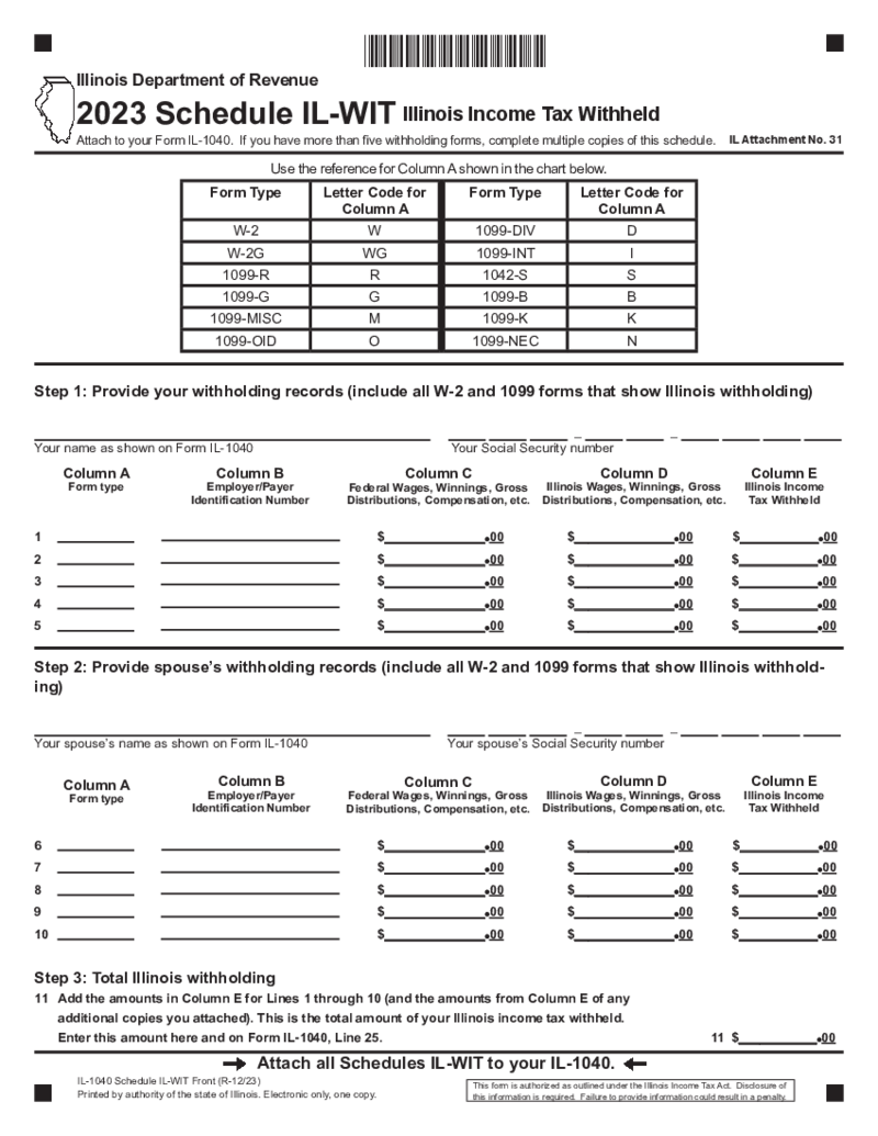 Illinois Tax Form 1040 Schedule IL-WIT