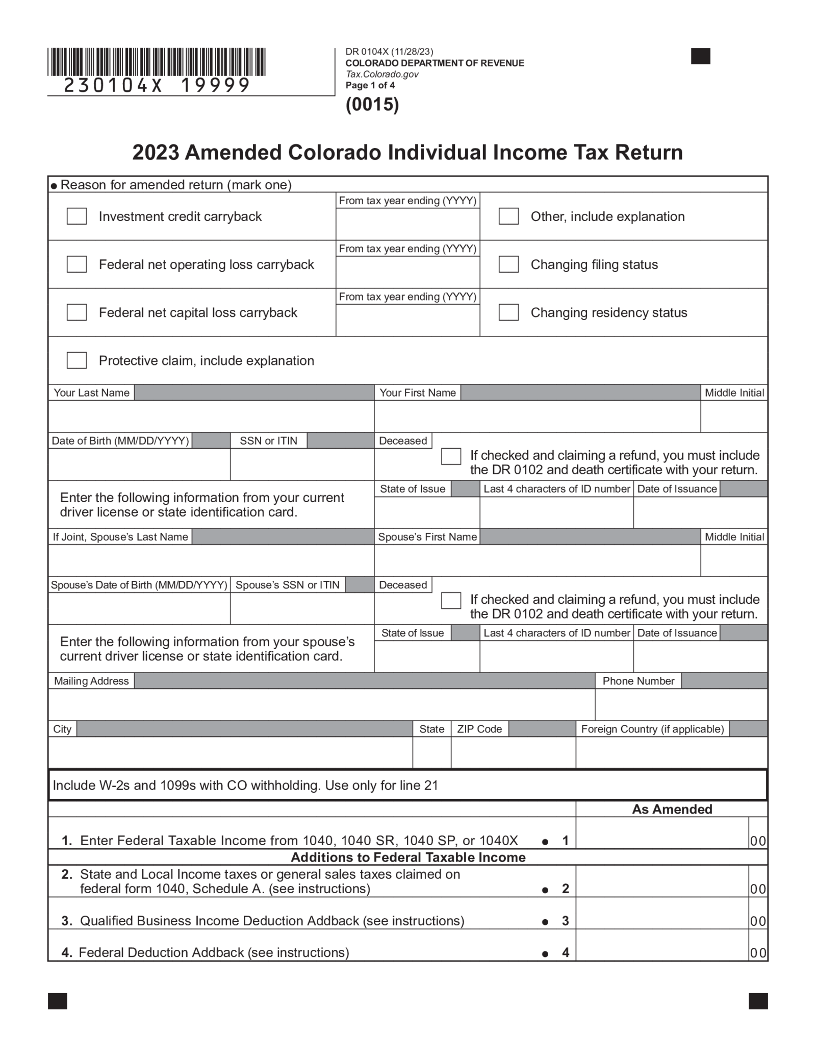 Form 104X Amended Colorado Individual Income Tax Return - Thumbnail