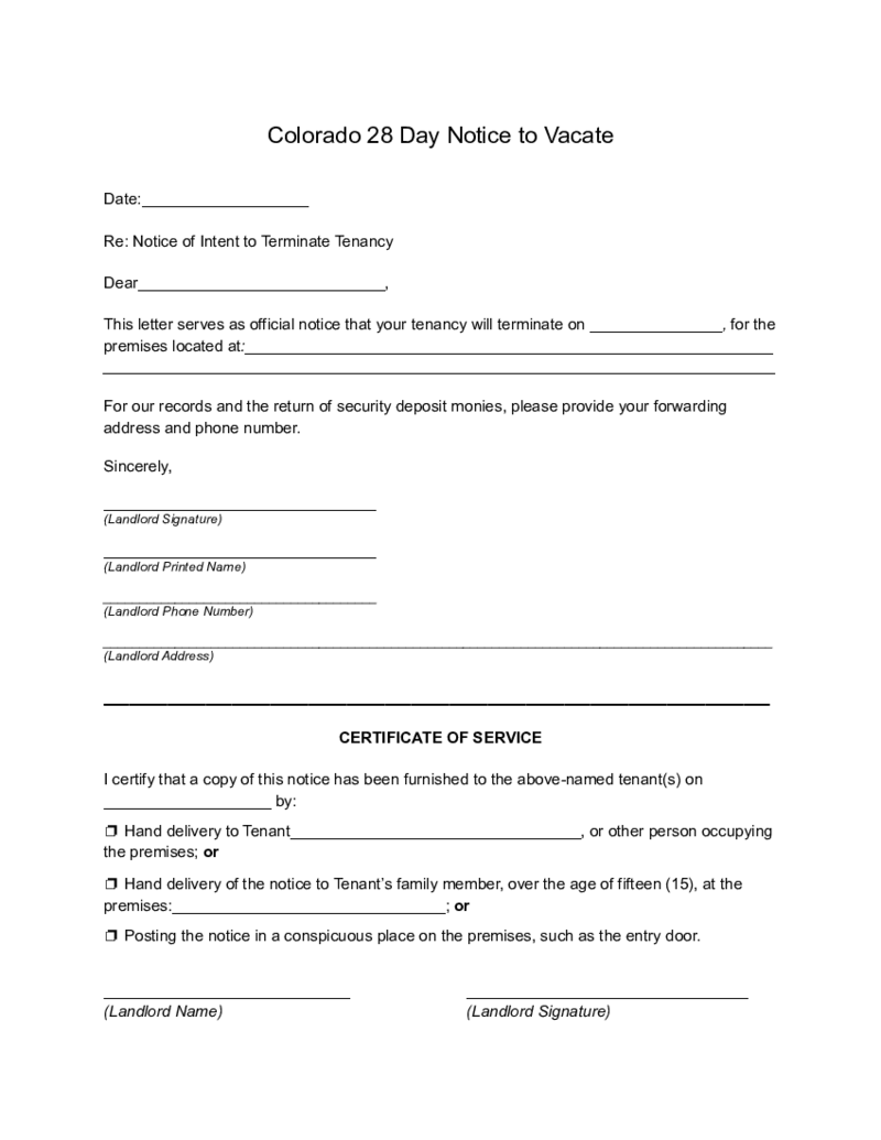 Colorado Lease Termination Letter Form, 30-Day Notice