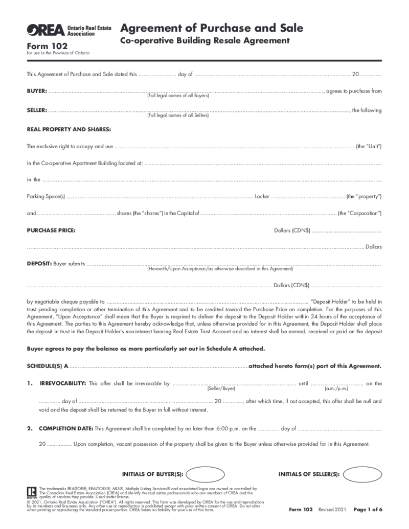 Form 102, Agreement of Purchase and Sale