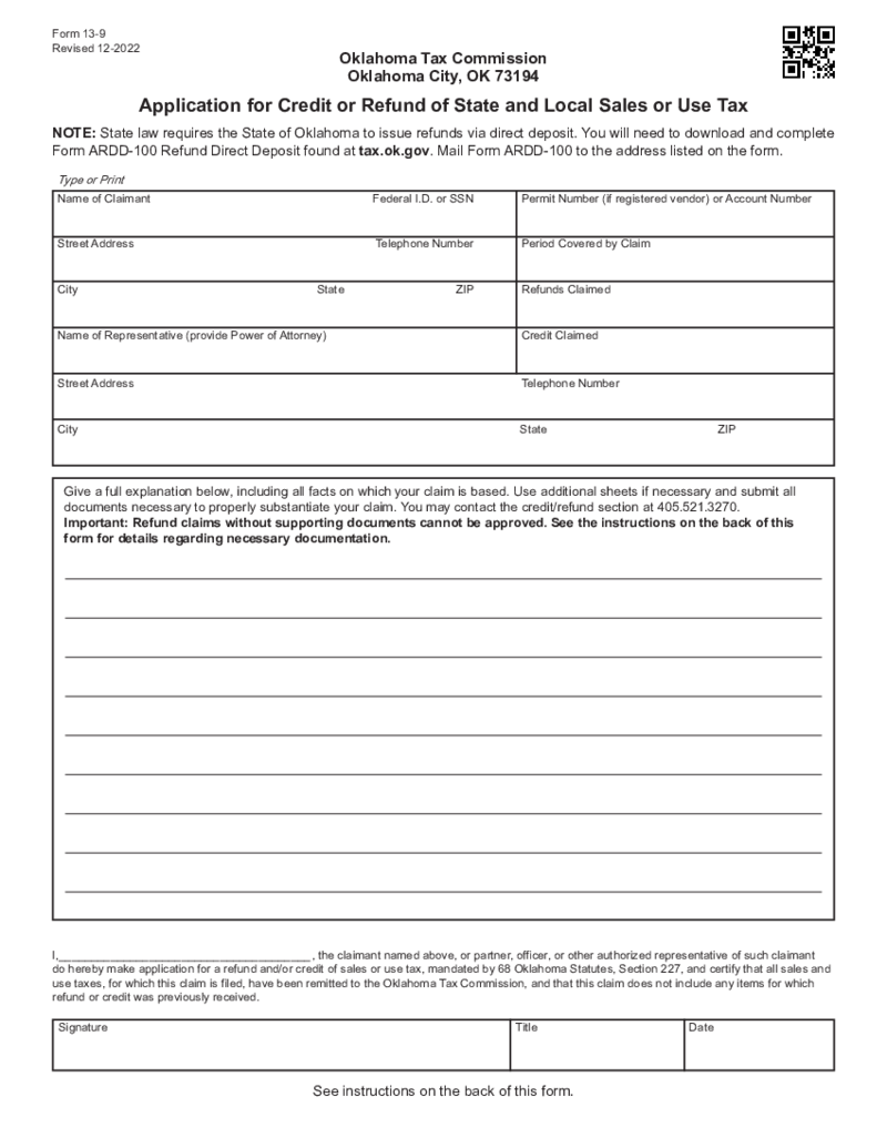 Form 13-9 Application for Credit or Refund of State and Local Sales or Use Tax