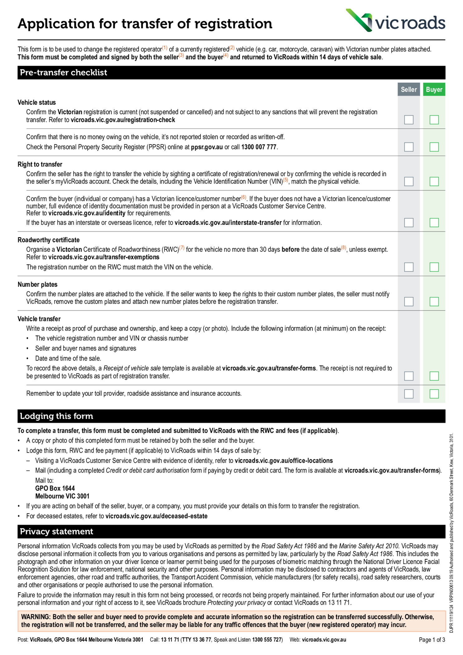 VicRoads Application for Transfer of Registration - Thumbnail