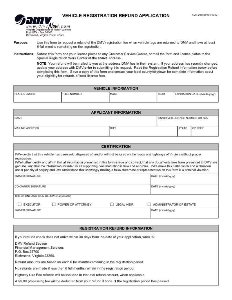 VA DMV Vehicle Registration Refund Application - FMS 210 Form