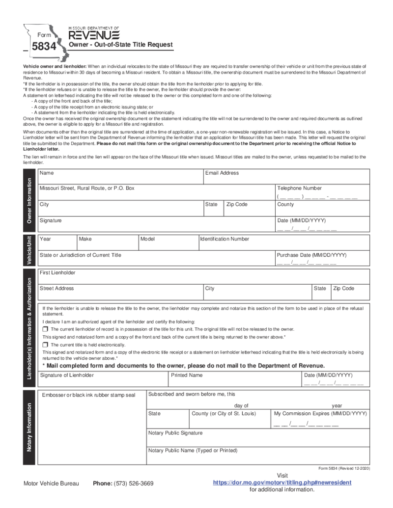 Form 5834 - Owner - Out-of-State Title Request