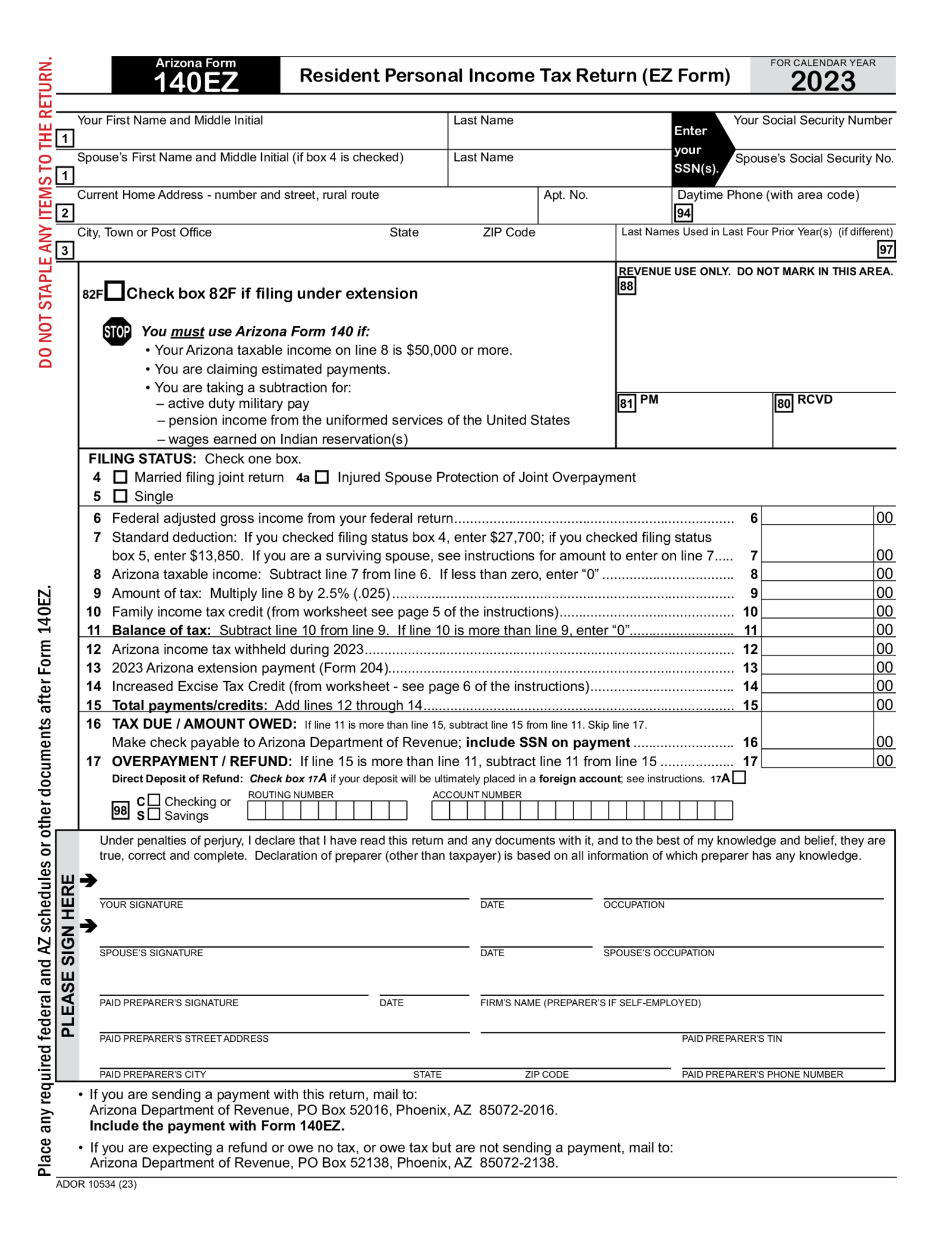 Arizona Form 140EZ - Thumbnail