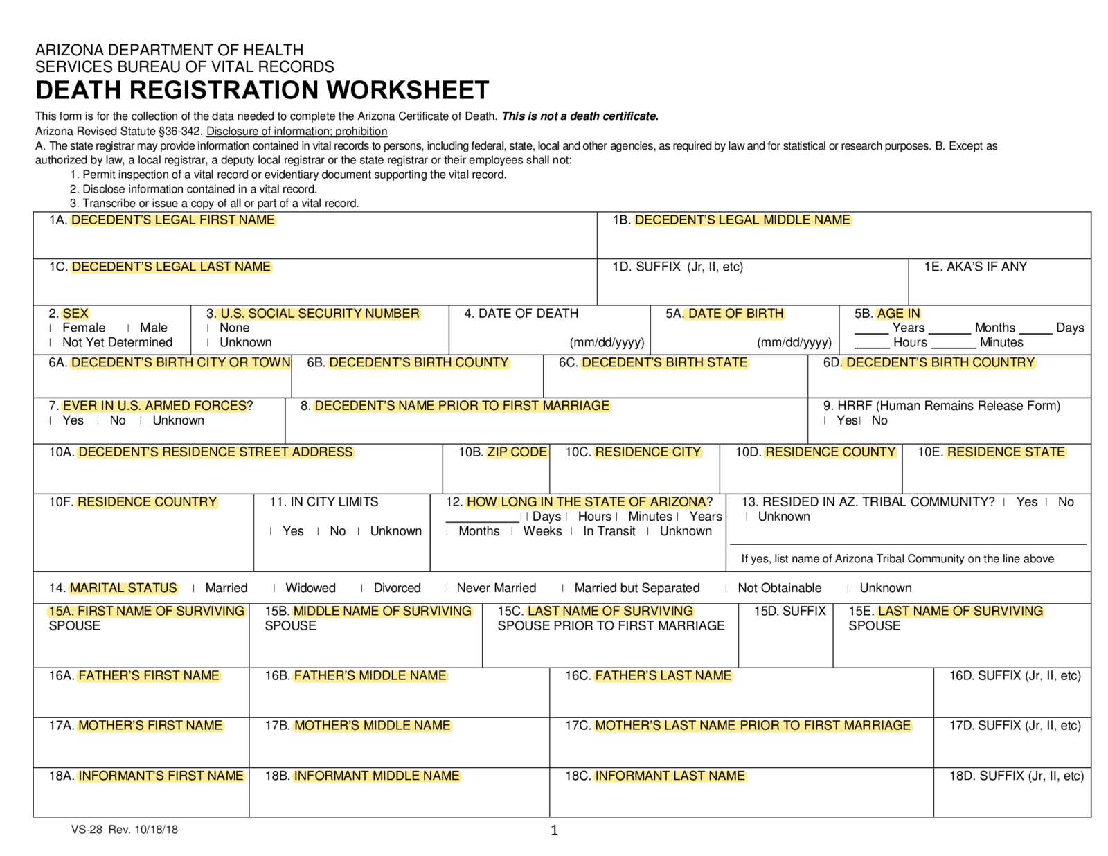 Arizona Death Registration Worksheet - Thumbnail