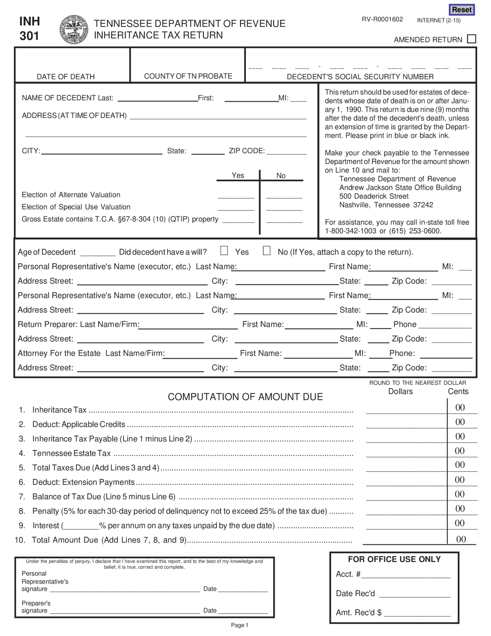 Fillable Tennessee Inheritance Tax Return (Form INH 301) - Thumbnail