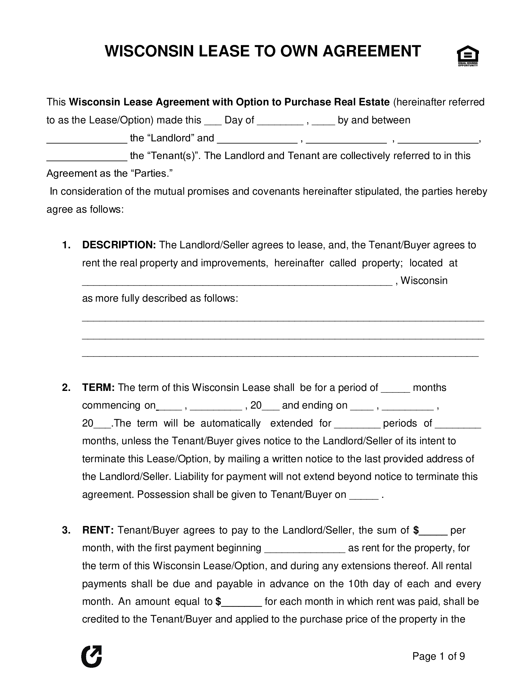 Wisconsin Lease to Own Agreement - Thumbnail