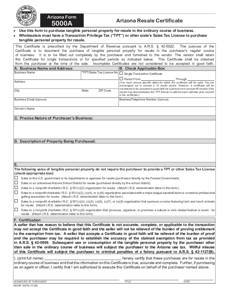 Form 5000A - Arizona Resale Certificate