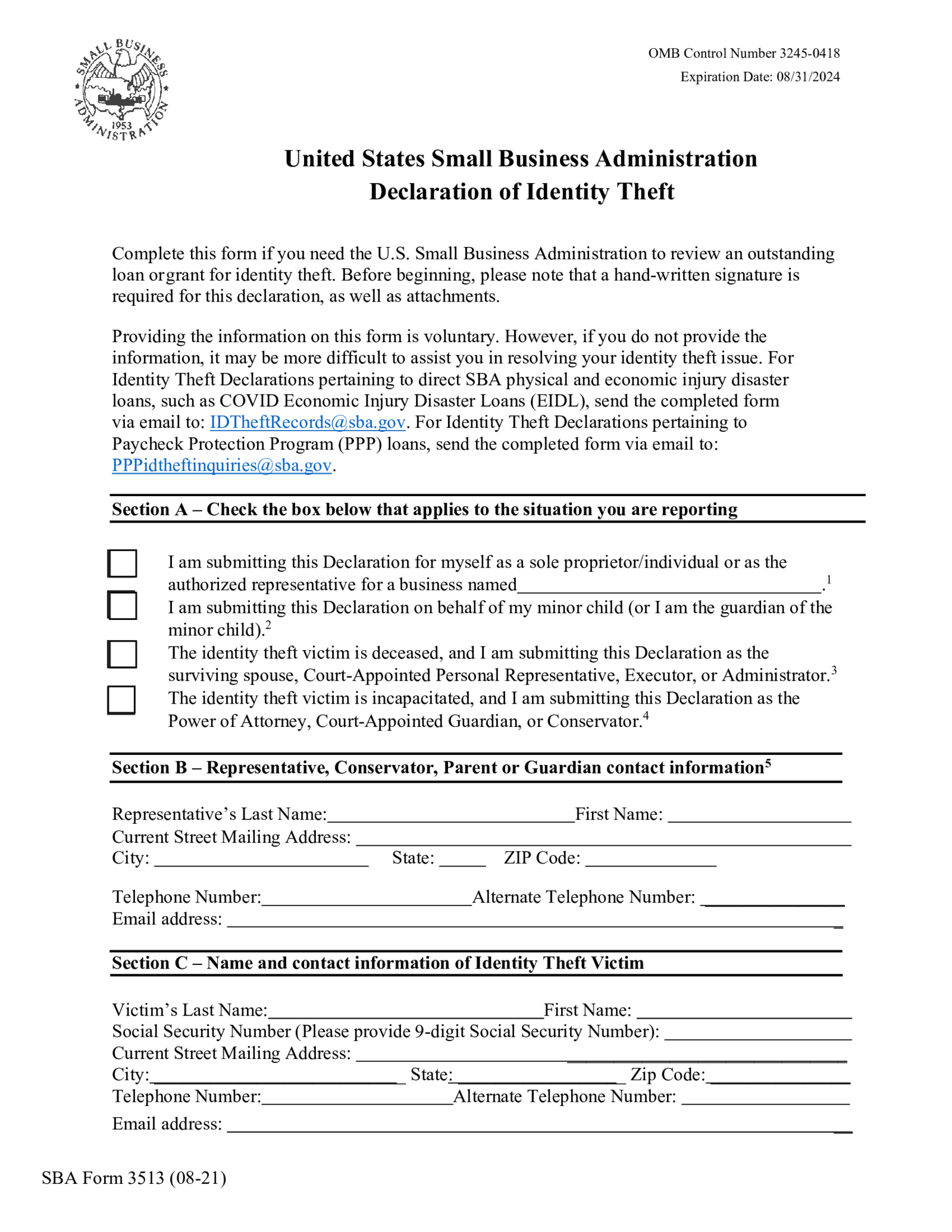 SBA Form 3513 - Declaration of Identity Theft - Thumbnail