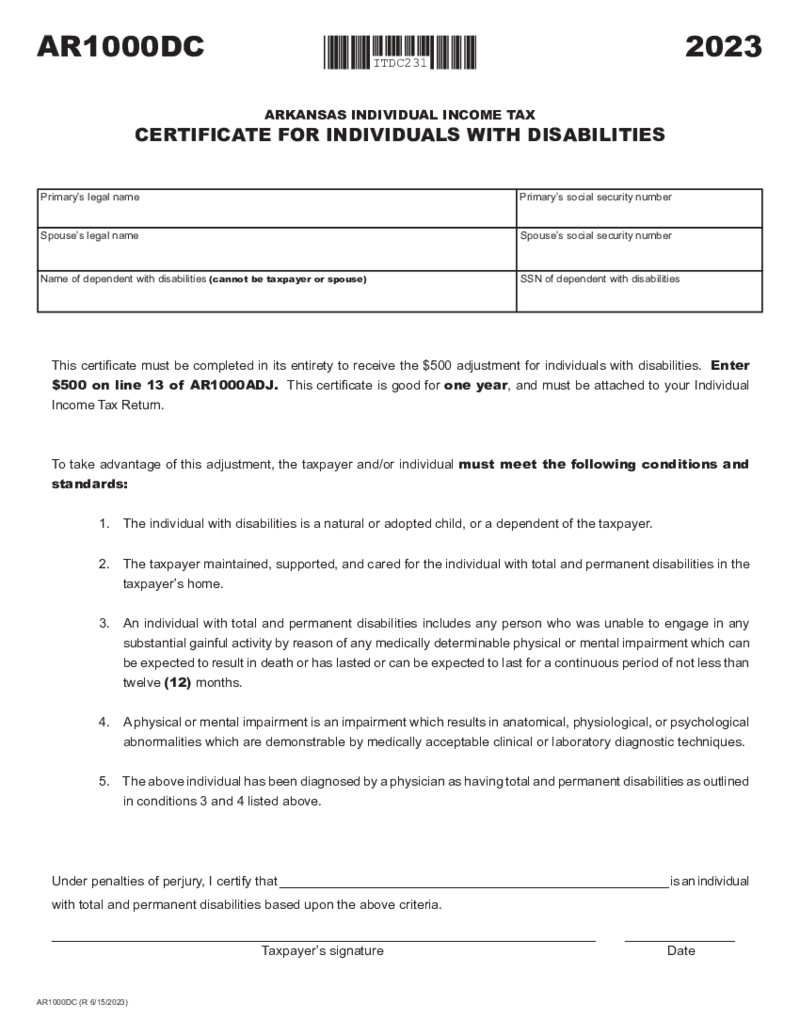 Arkansas Form AR1000DC Disabled Individuals Certificate