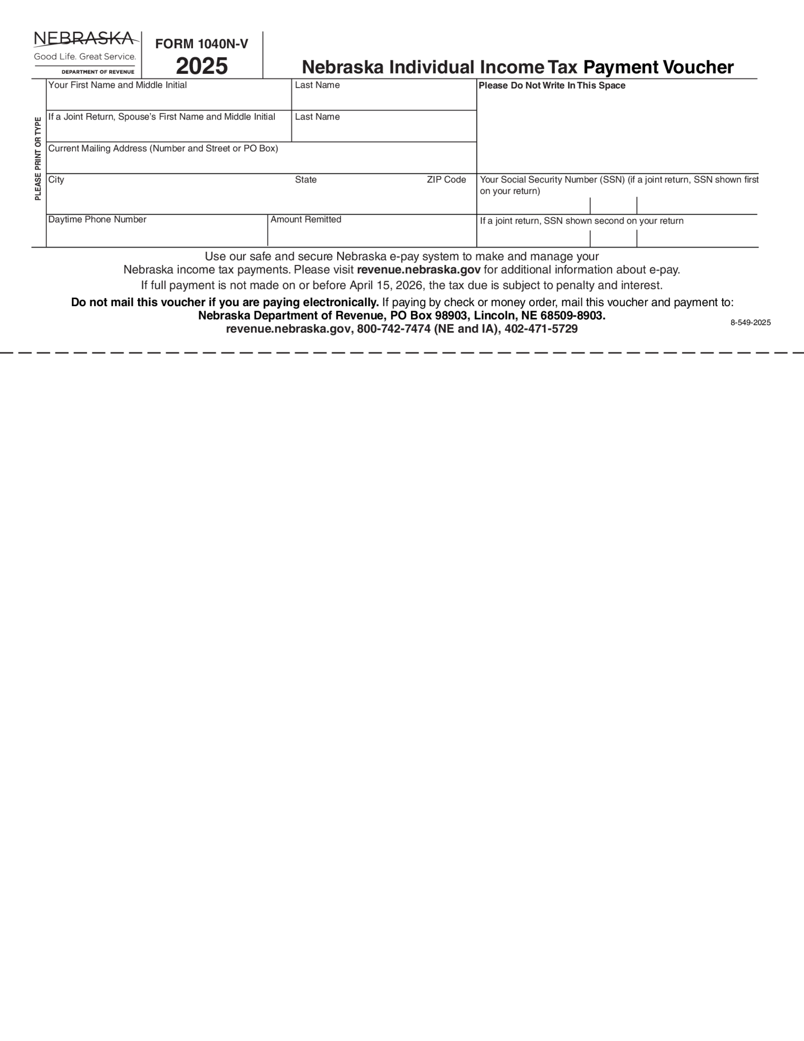 Nebraska Form 1040N-V - Thumbnail