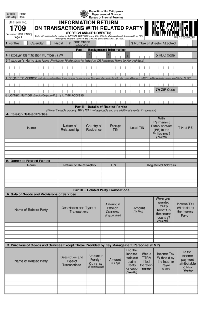 BIR Form 1709