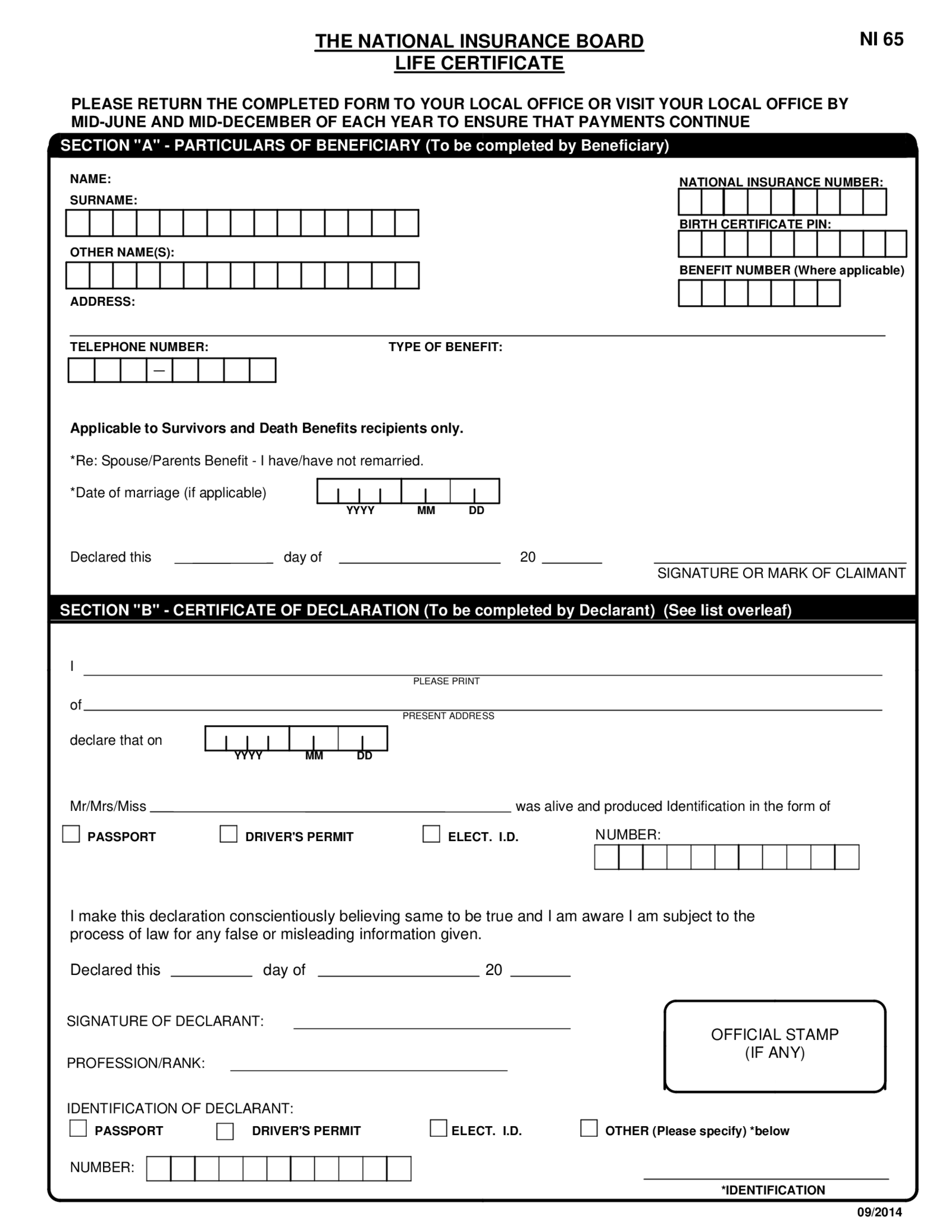 National Insurance Board Life Certificate Application (NI 65) - Thumbnail