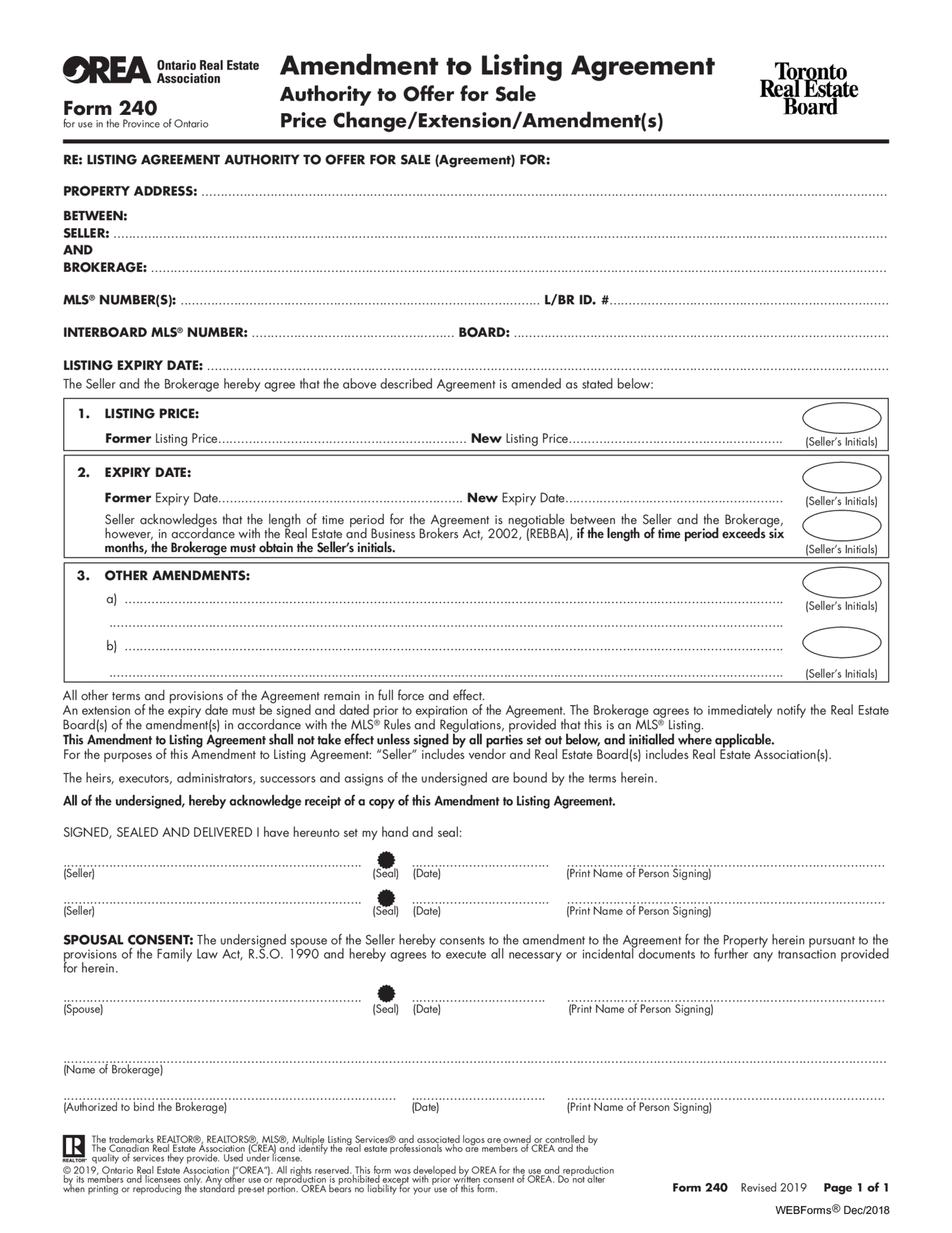 Form 240, Amendment to Listing Agreement - Thumbnail