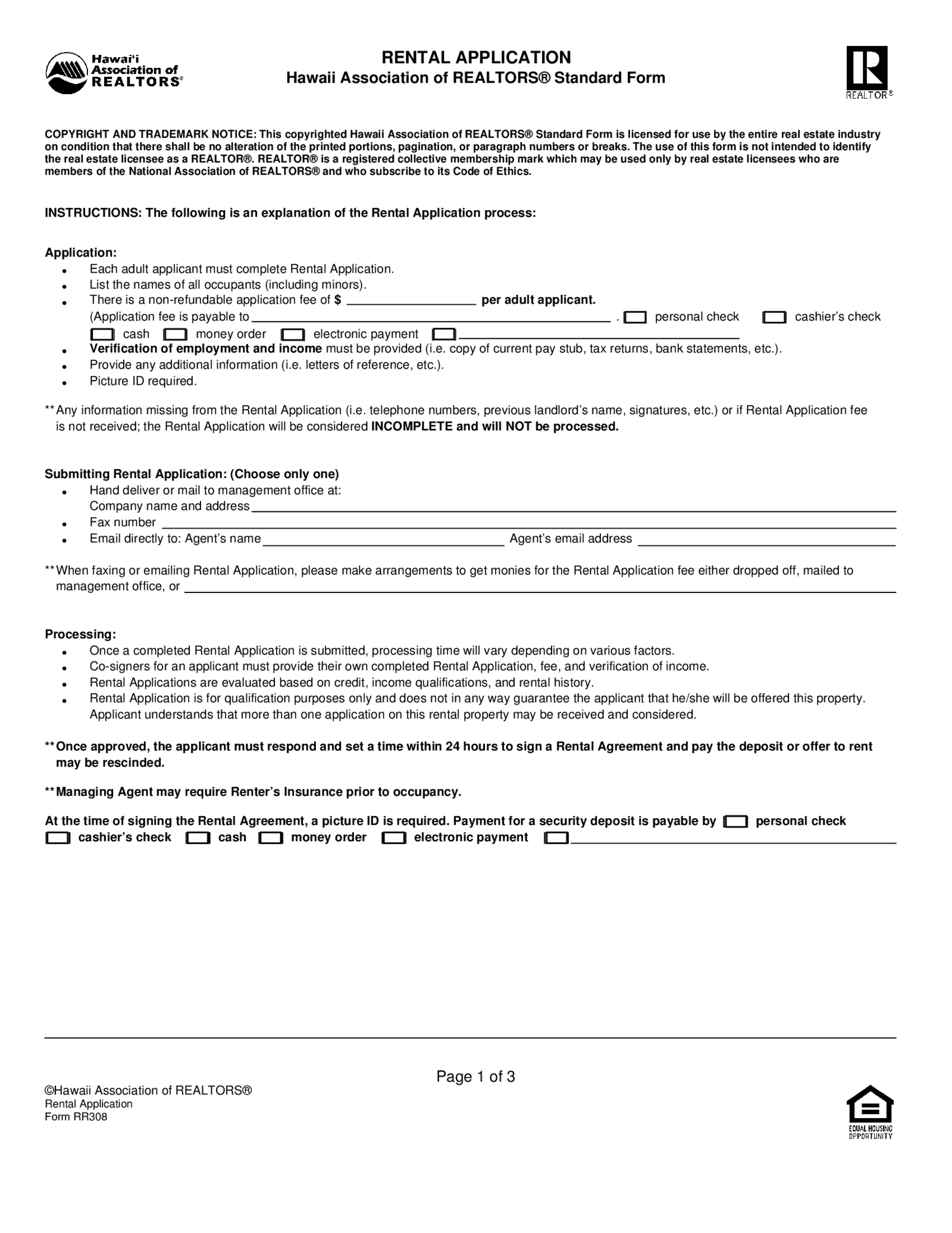 Hawaii Rental Application _ Form RR308 - Thumbnail