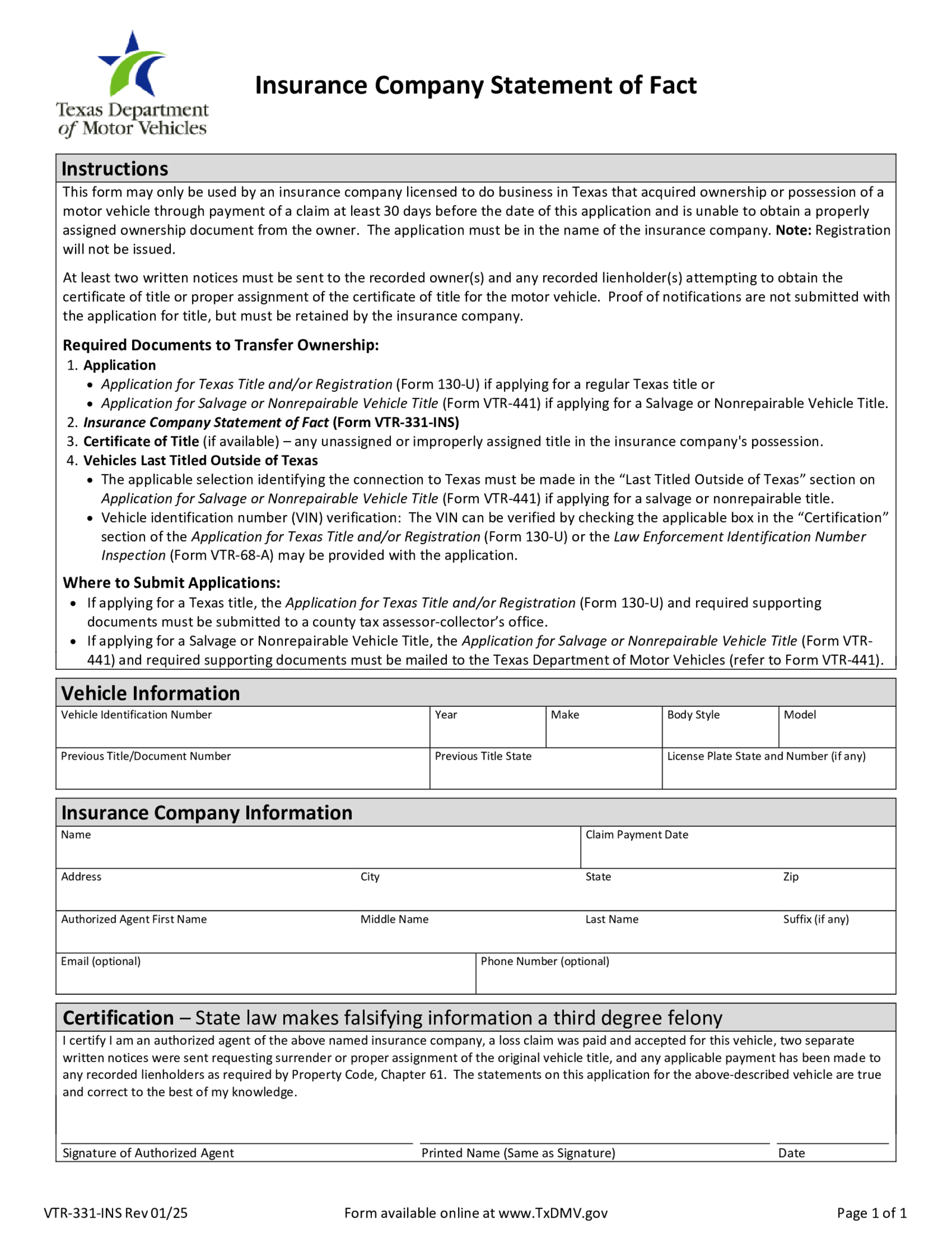 Fillable Insurance Company Statement of Fact - Form VTR-331 INS - Thumbnail