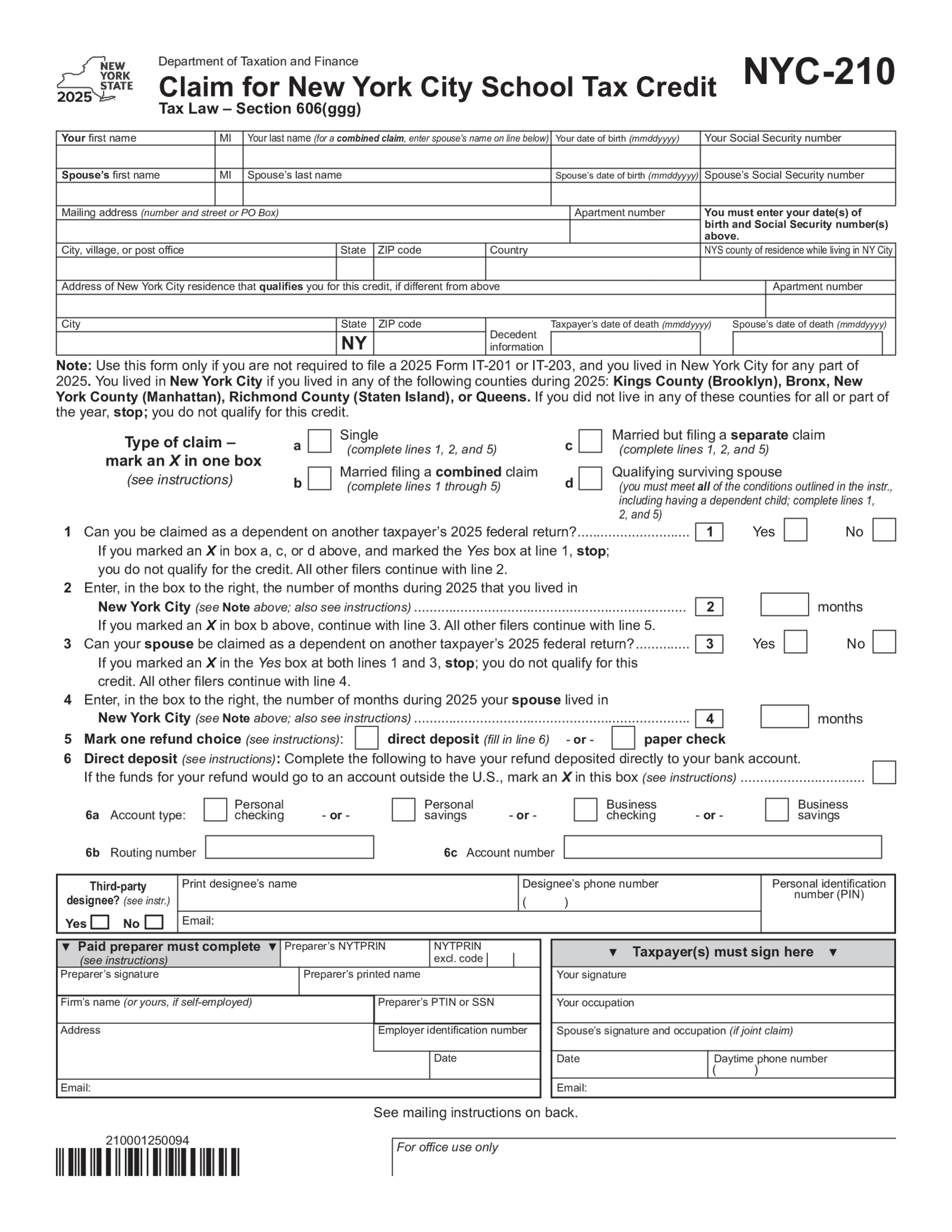Form NYC-210, Claim for New York City School Tax Credit - Thumbnail