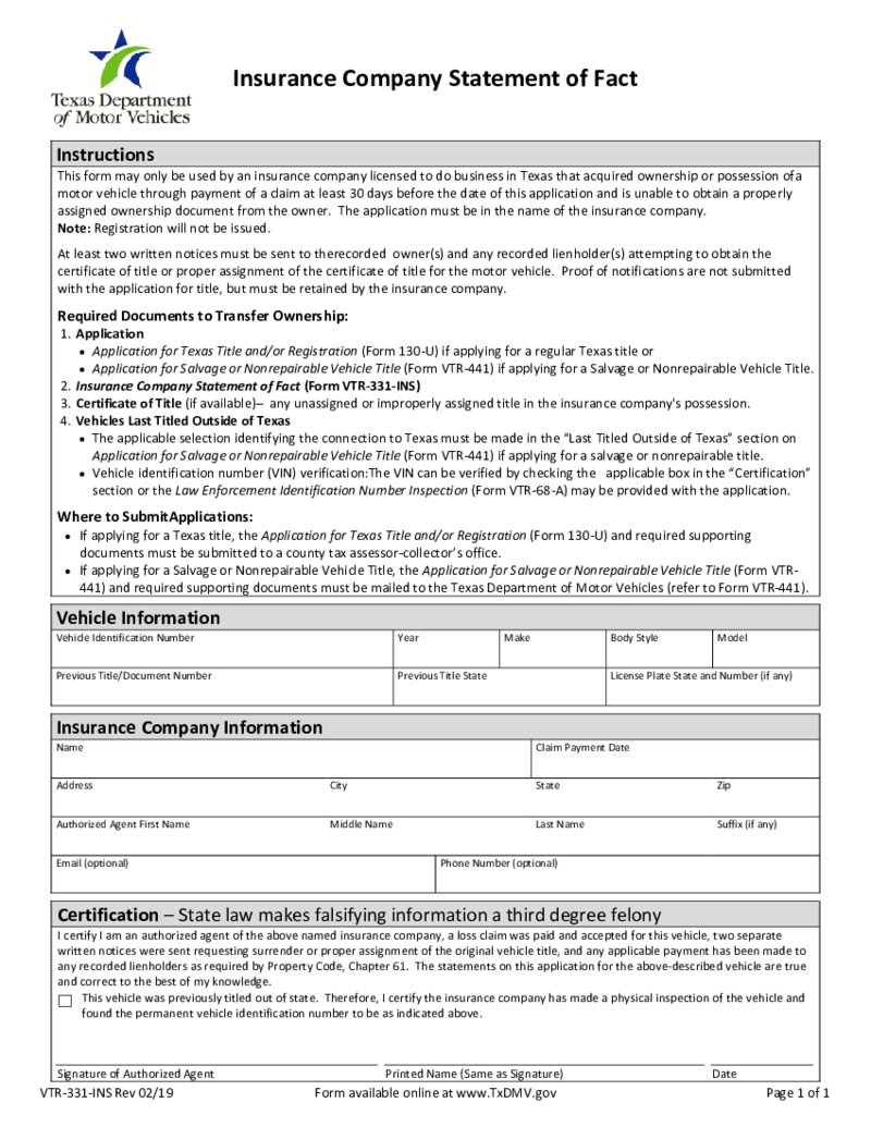 Insurance Company Statement of Fact - Form VTR-331 INS