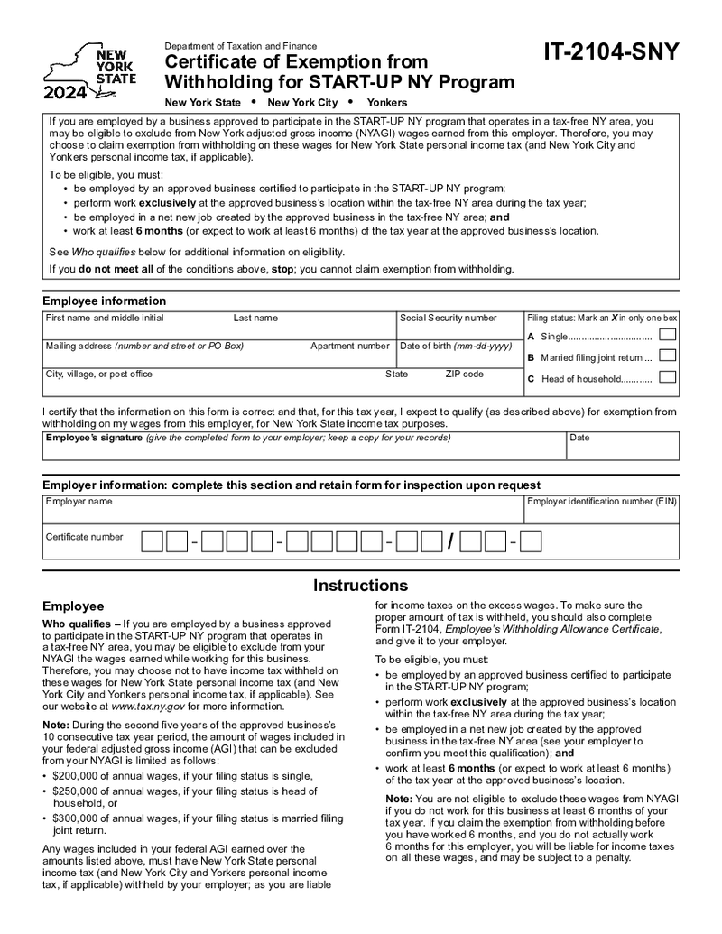 New York Form IT-2104-SNY