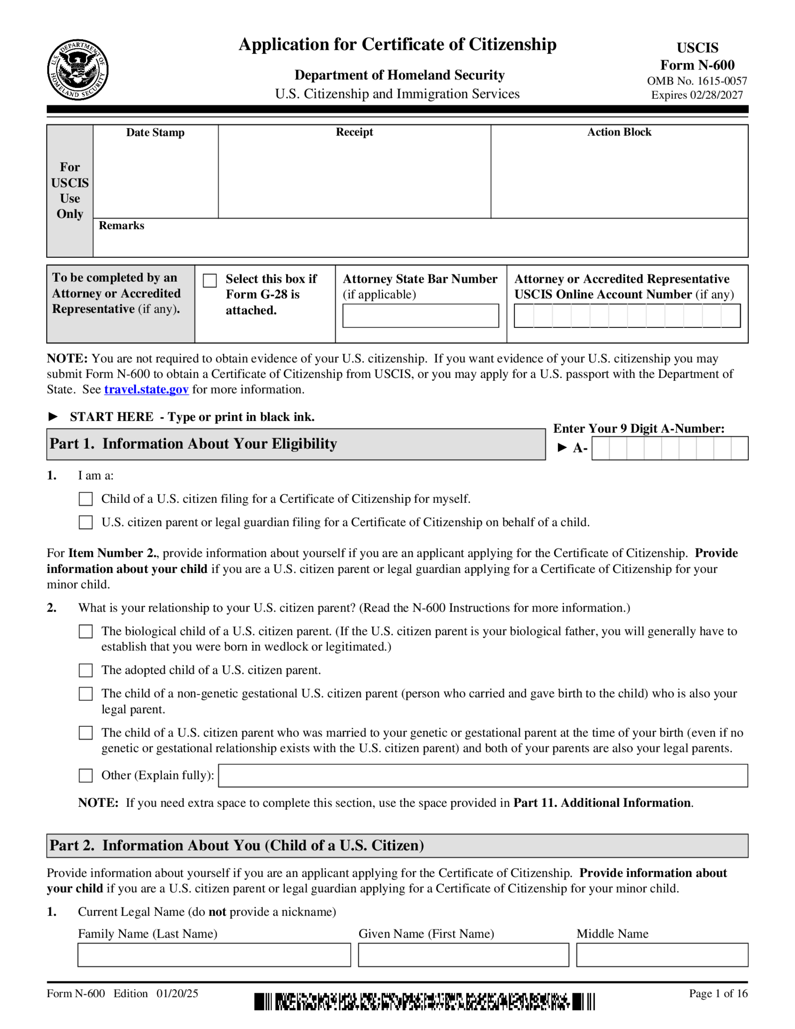 Form N-600, Application for Certificate of Citizenship - Thumbnail