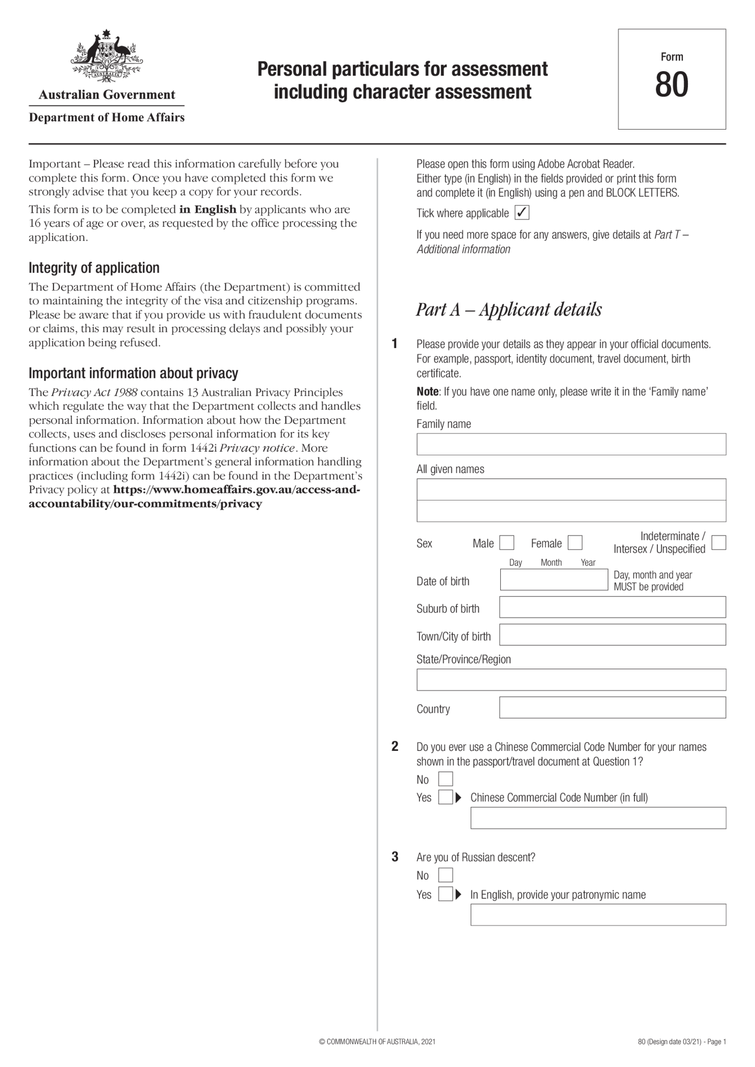 Form 80 Australia Immigration - Thumbnail