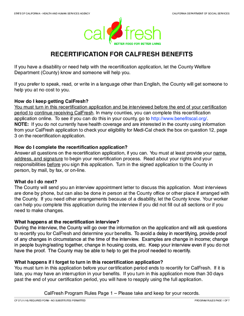 Recertification for Calfresh Benefits (CF 37)