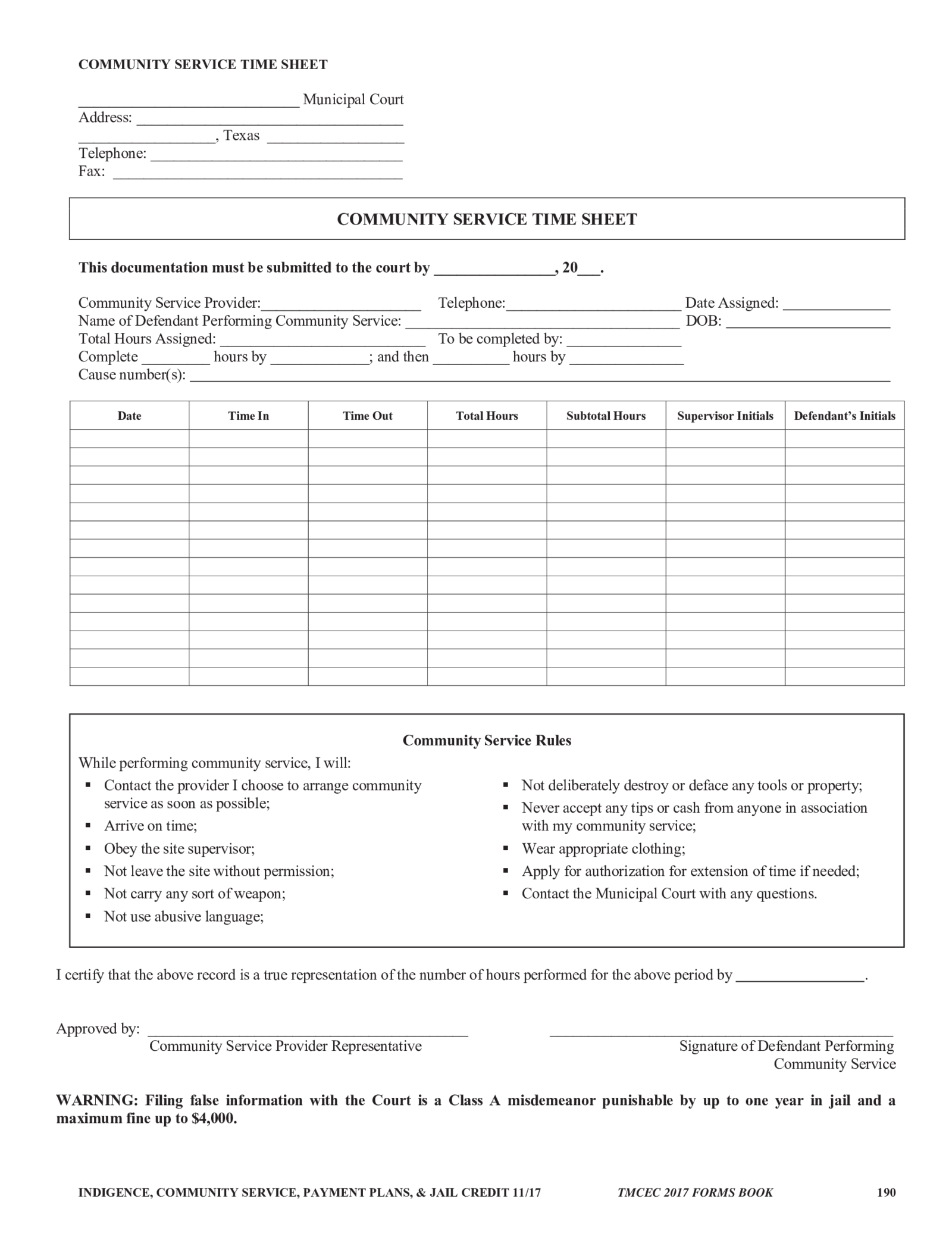 Community Service Time Sheet - Thumbnail