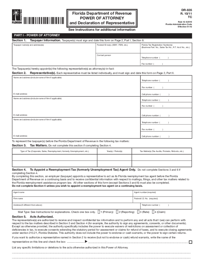 Florida State Tax Power of Attorney (Form DR-835)