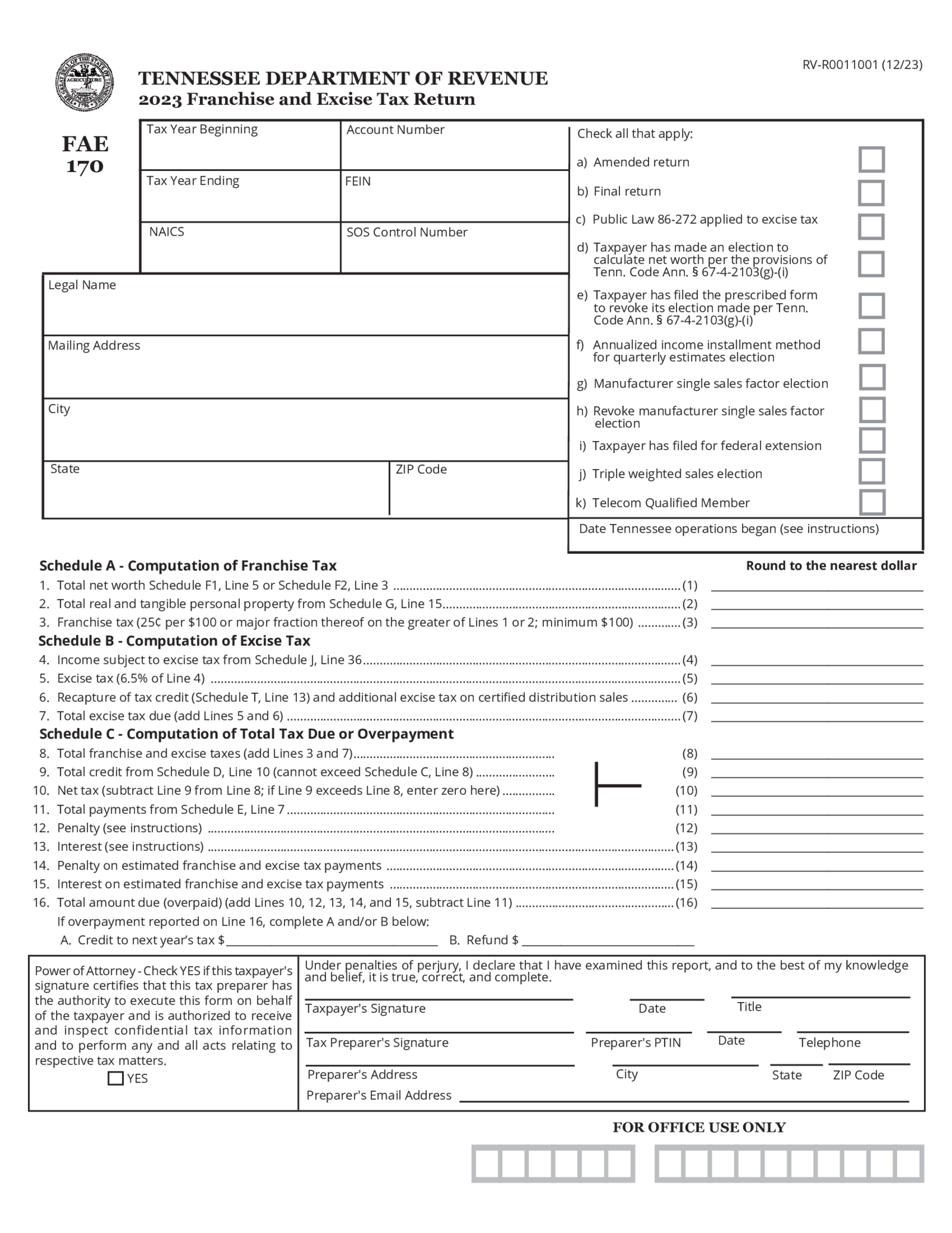 Tennessee Form FAE 170 (2023) - Thumbnail