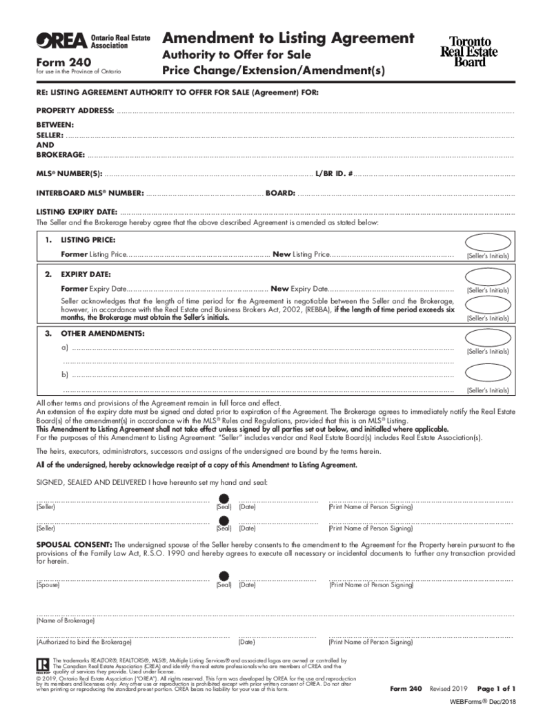 Form 240, Amendment to Listing Agreement